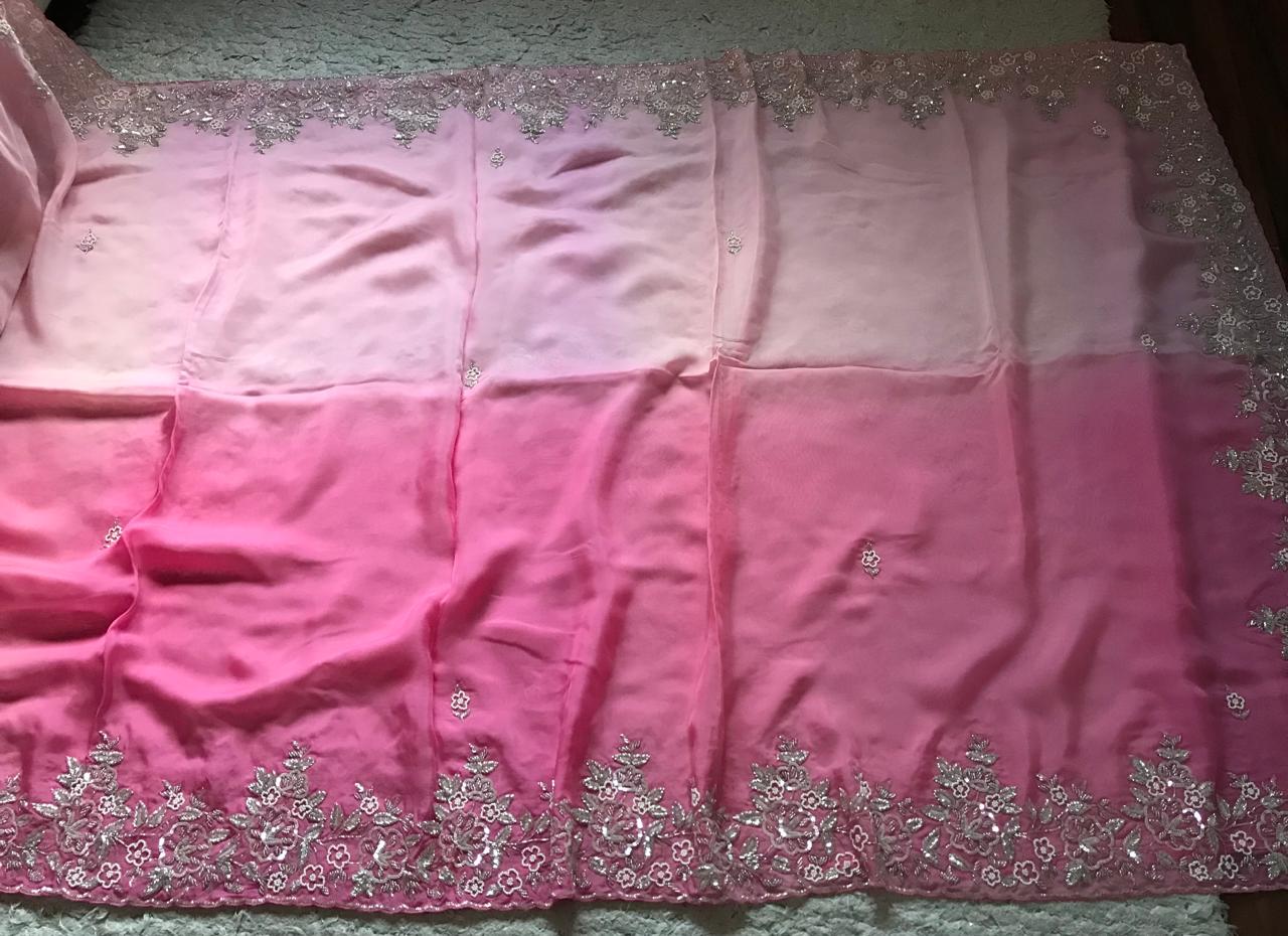 Ombré Shaded Pink Premium Pure Organza Silk Drapes Of Luxury Embellished With Pearl Sequins