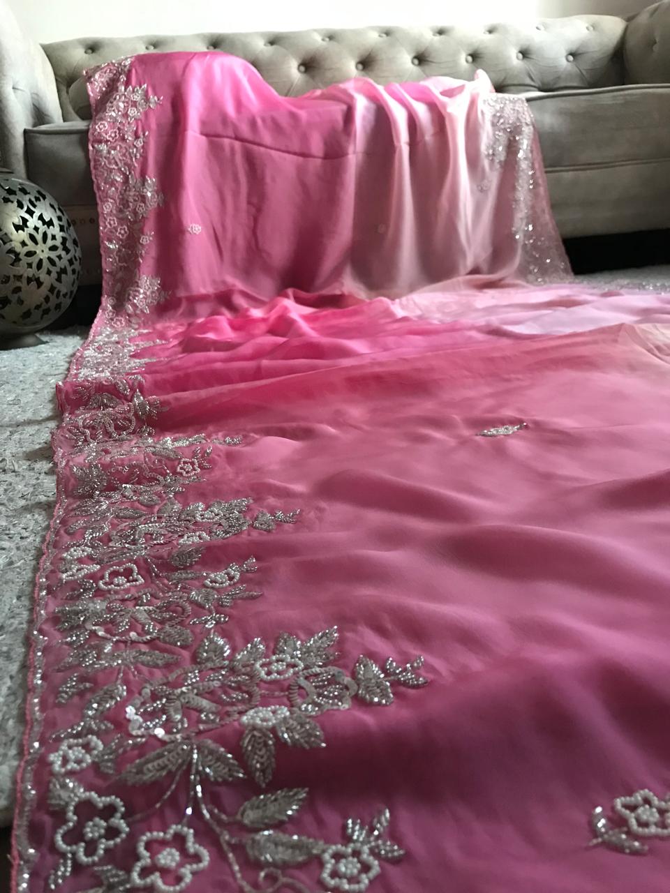 Ombré Shaded Pink Premium Pure Organza Silk Drapes Of Luxury Embellished With Pearl Sequins