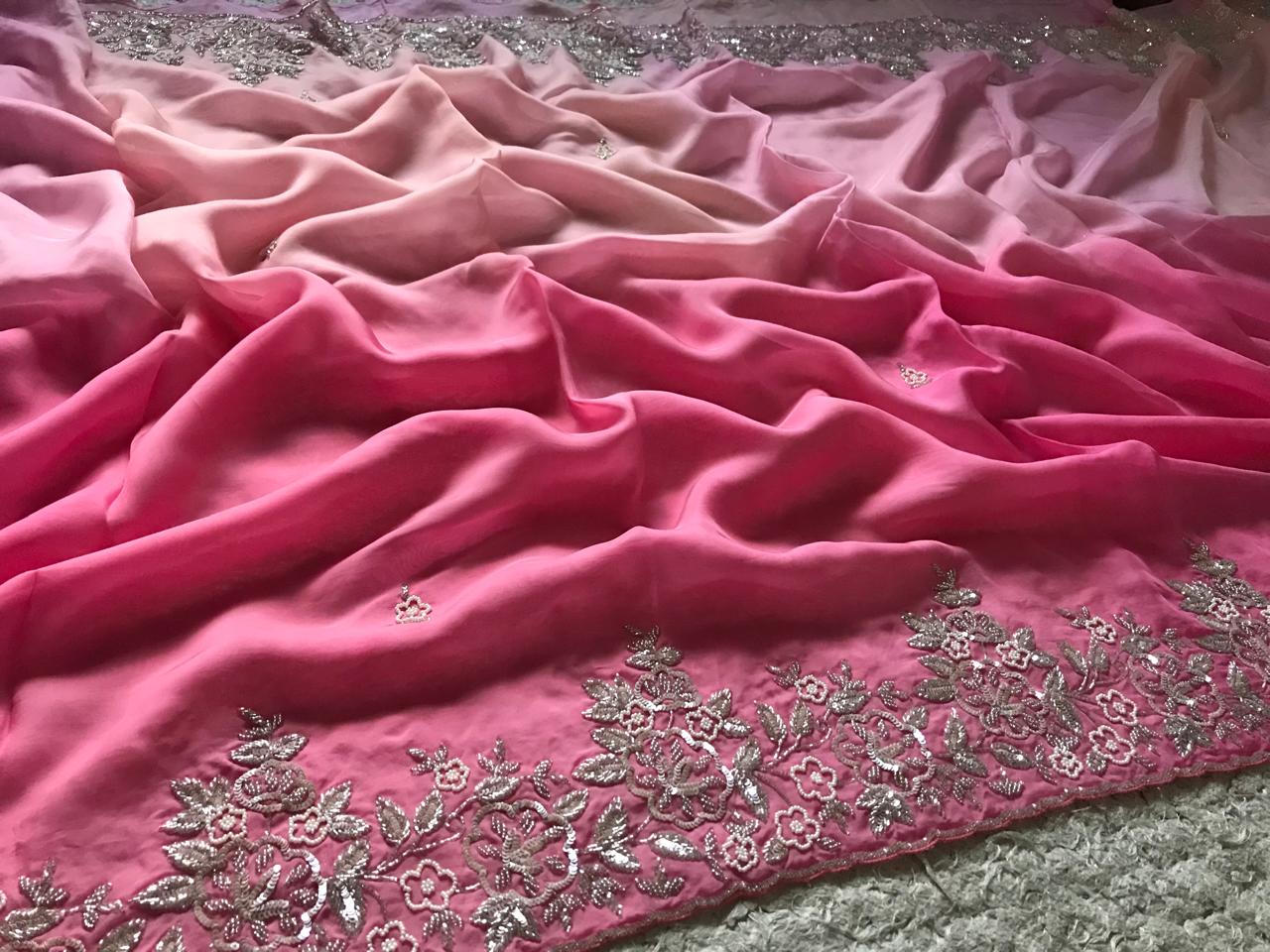 Ombré Shaded Pink Premium Pure Organza Silk Drapes Of Luxury Embellished With Pearl Sequins