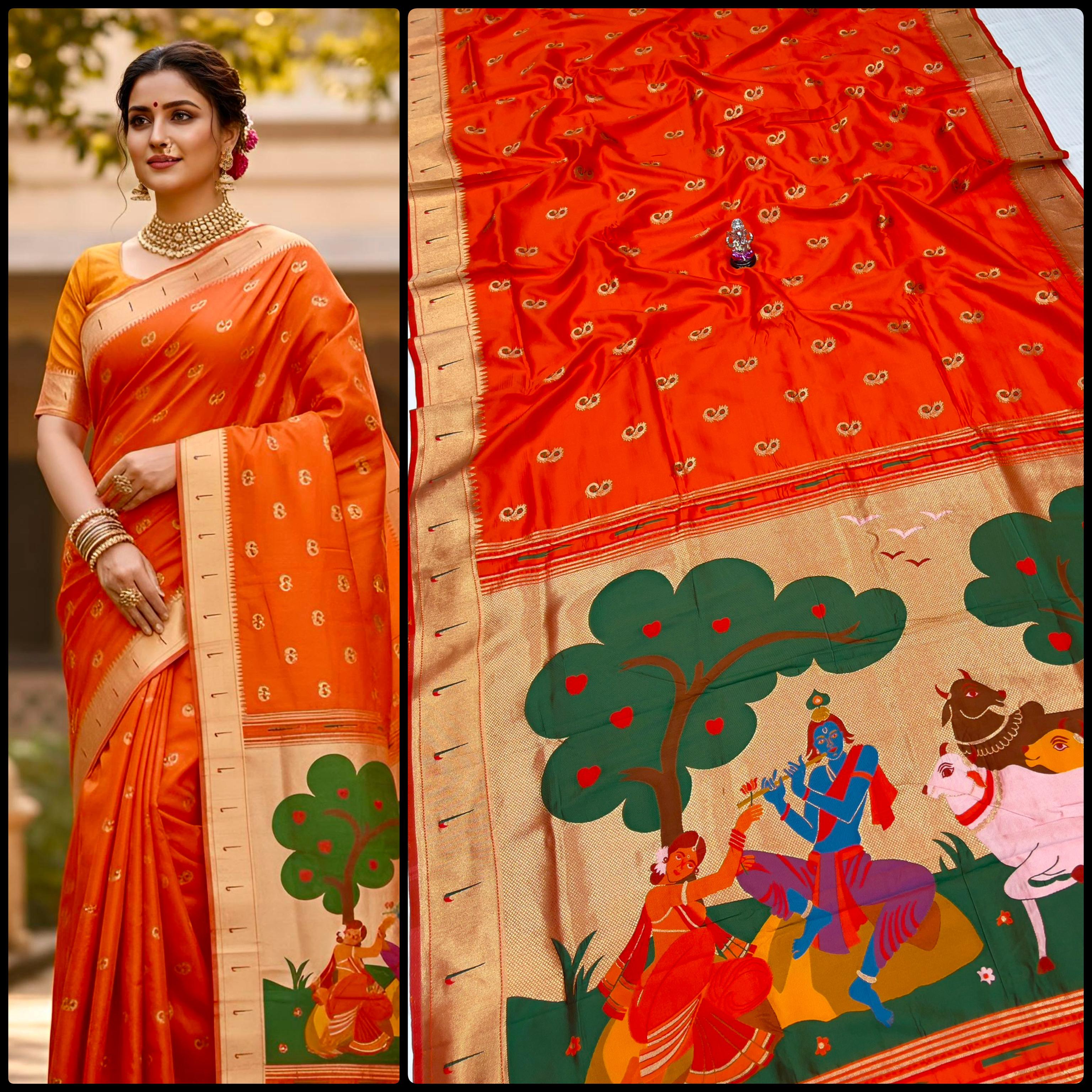 Radha Krishna Muniyaa Border Paithani Saree in premium soft silk with all-over Meena butti and running blouse piece.