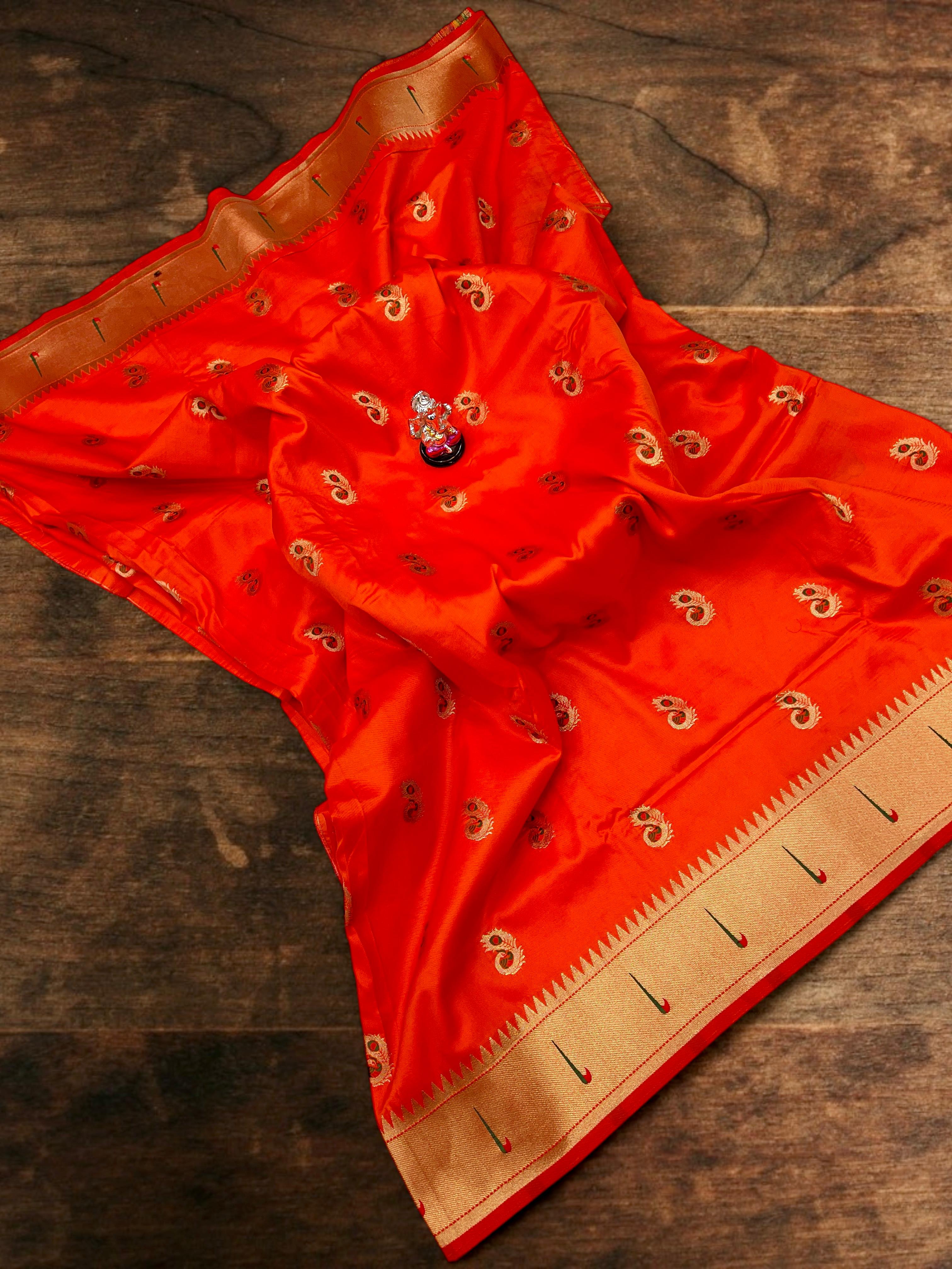 Radha Krishna Muniyaa Orange Golden Border Paithani Saree