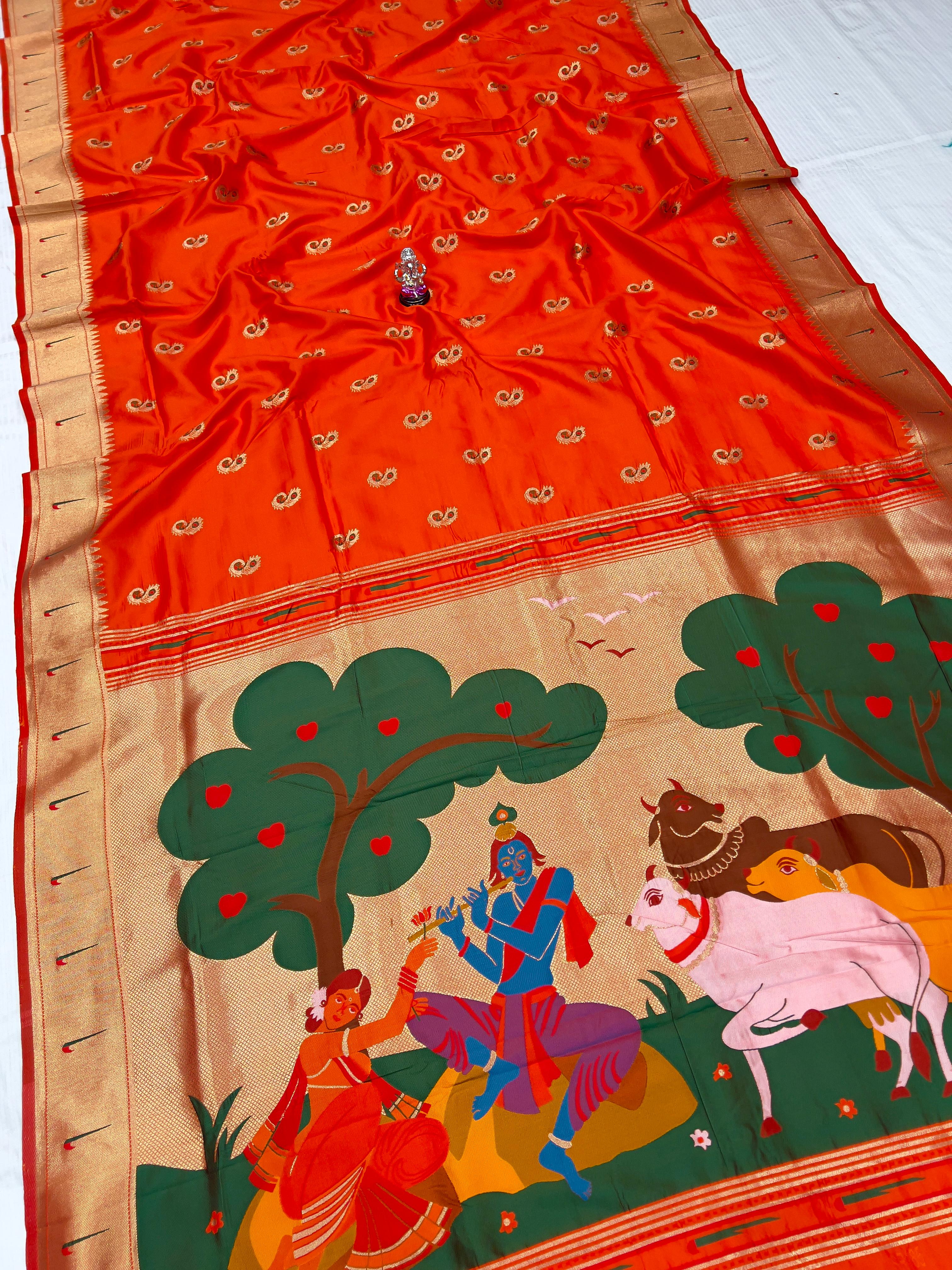 Radha Krishna Muniyaa Orange Golden Border Paithani Saree