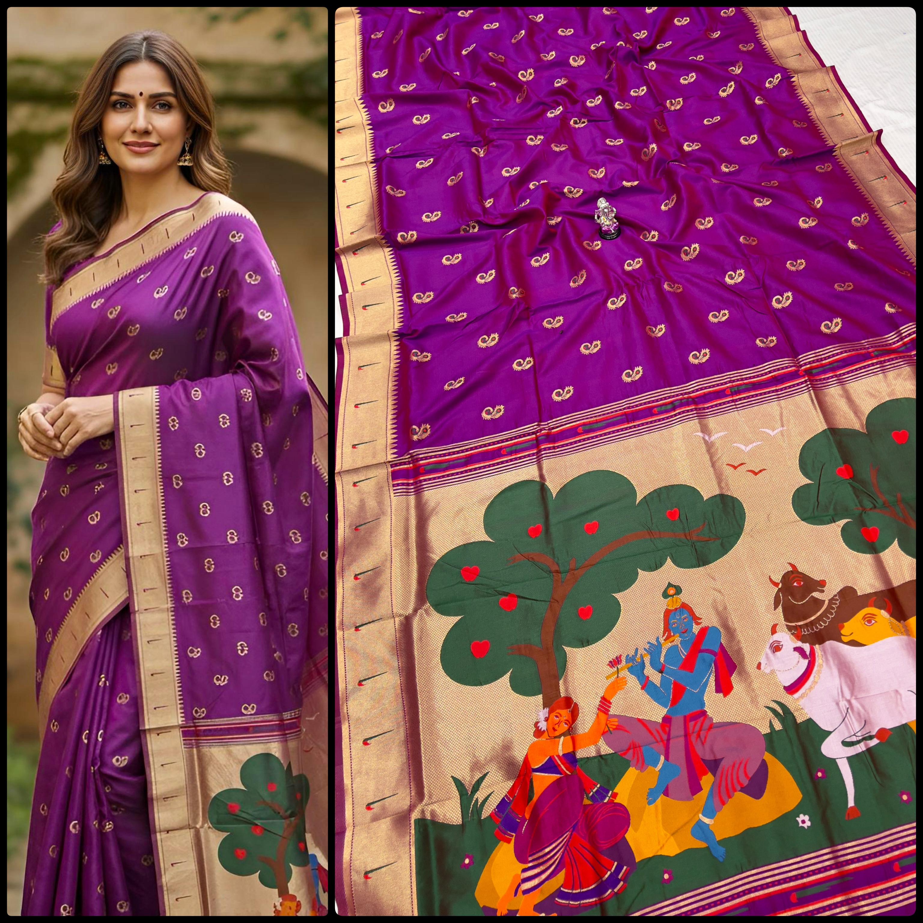 Radha Krishna Muniyaa Border Paithani Saree in premium soft silk with all-over Meena butti and running blouse piece.