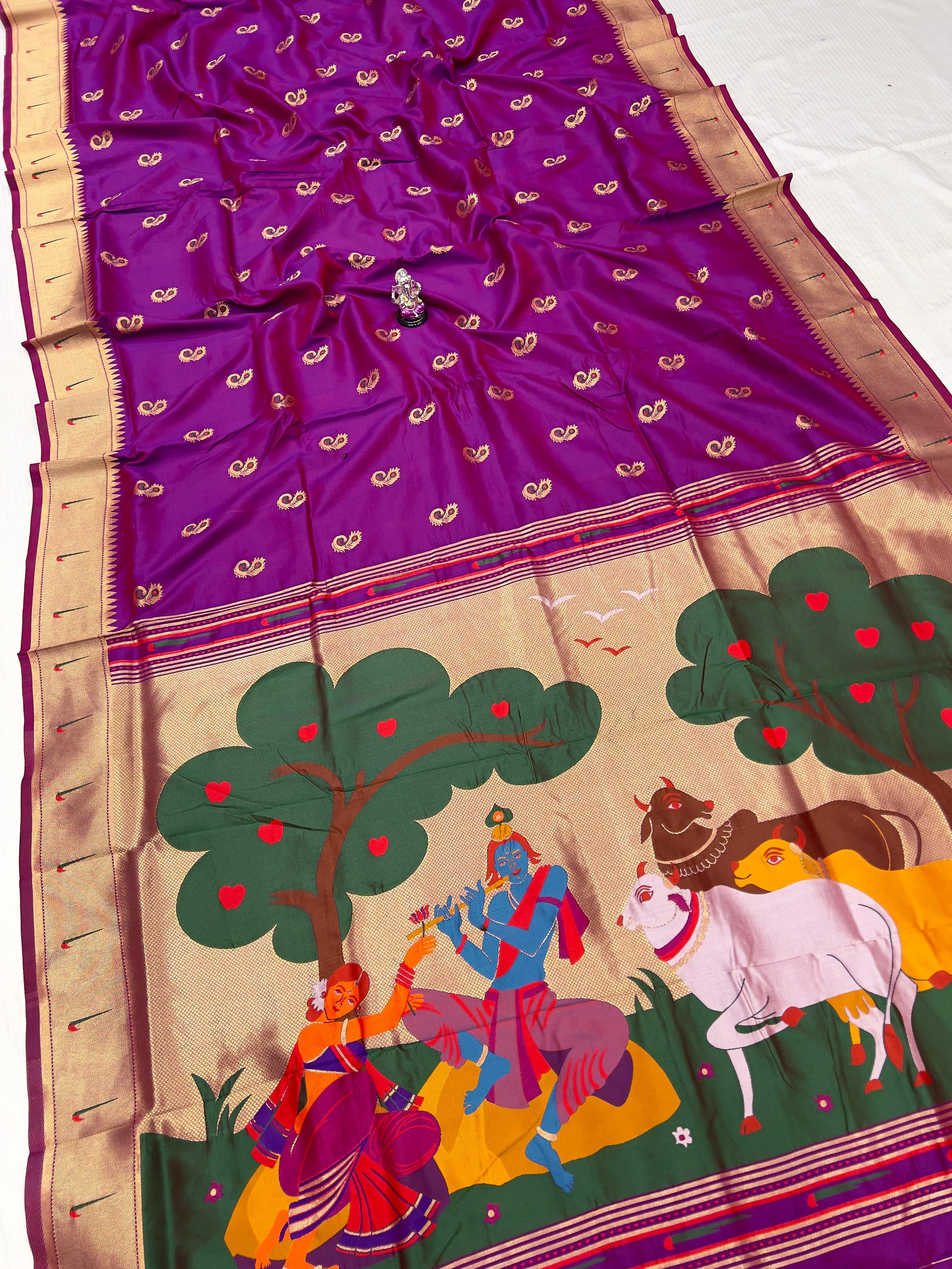 Radha Krishna Muniyaa Border Purple Paithani Saree