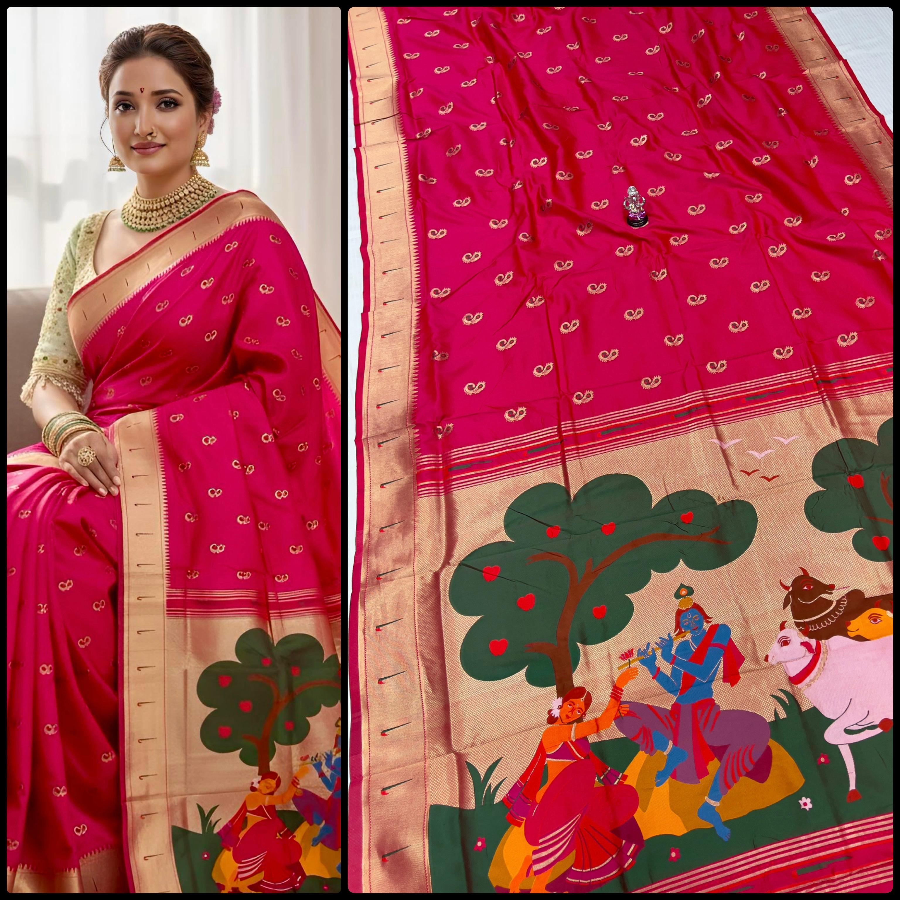 Radha Krishna Muniyaa Border Paithani Saree in premium soft silk with all-over Meena butti and running blouse piece