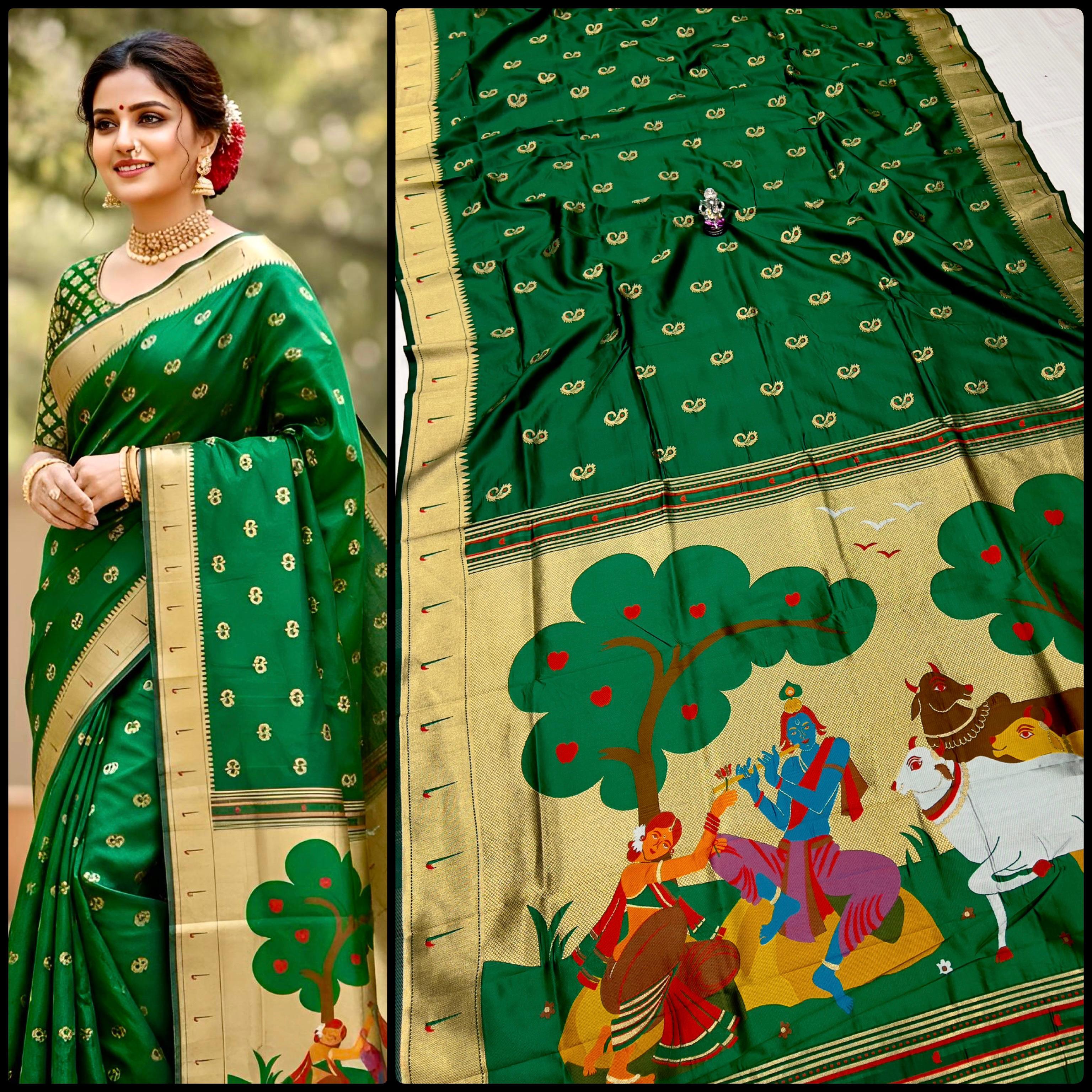 Radha Krishna Muniyaa Border Paithani Saree in premium soft silk with all-over Meena butti and running blouse piece