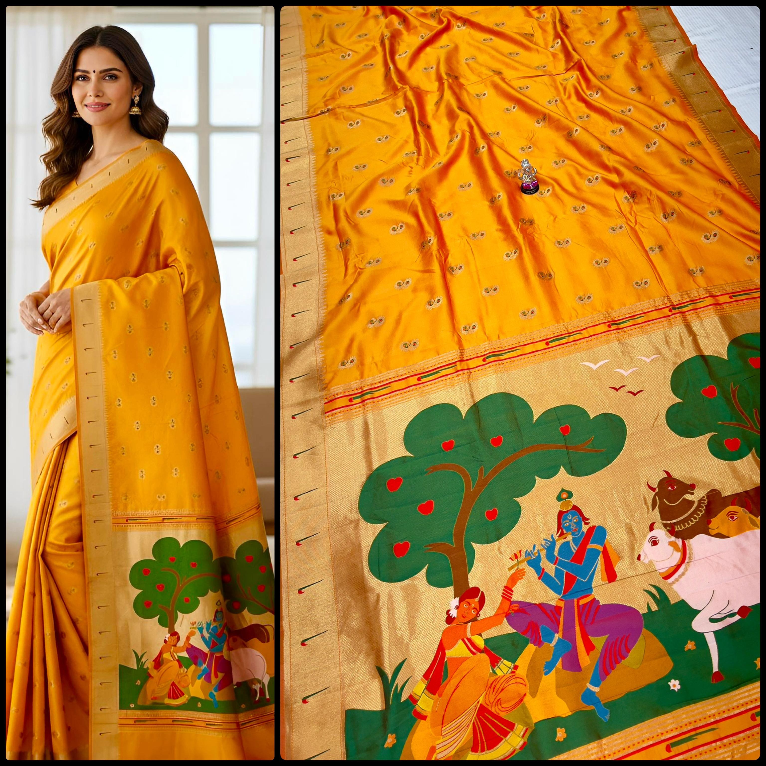 Radha Krishna Muniyaa Border Paithani Saree in premium soft silk with all-over Meena butti and running blouse piece