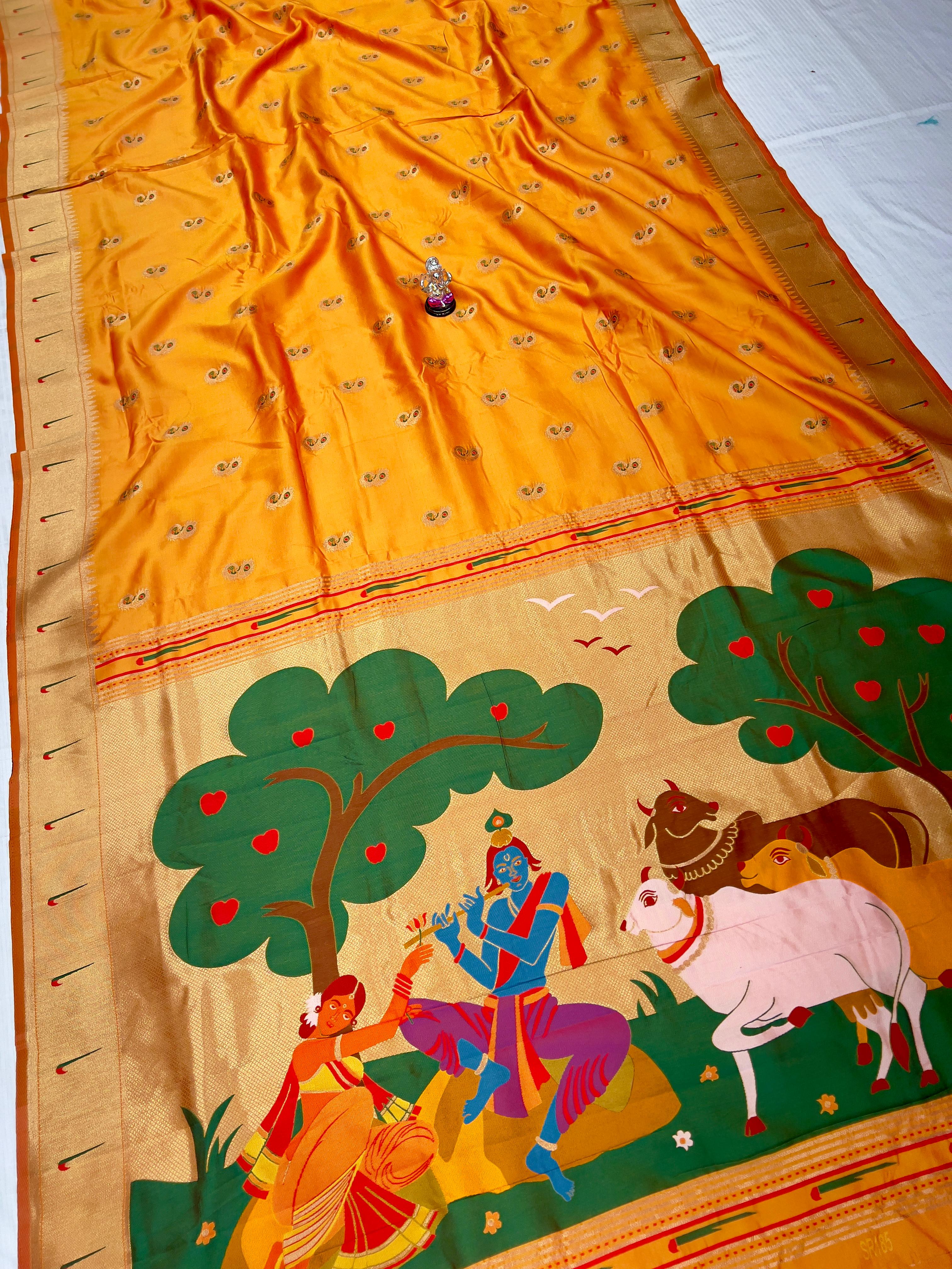 Radha Krishna Muniyaa Border Paithani Saree in premium soft silk with all-over Meena butti and running blouse piece