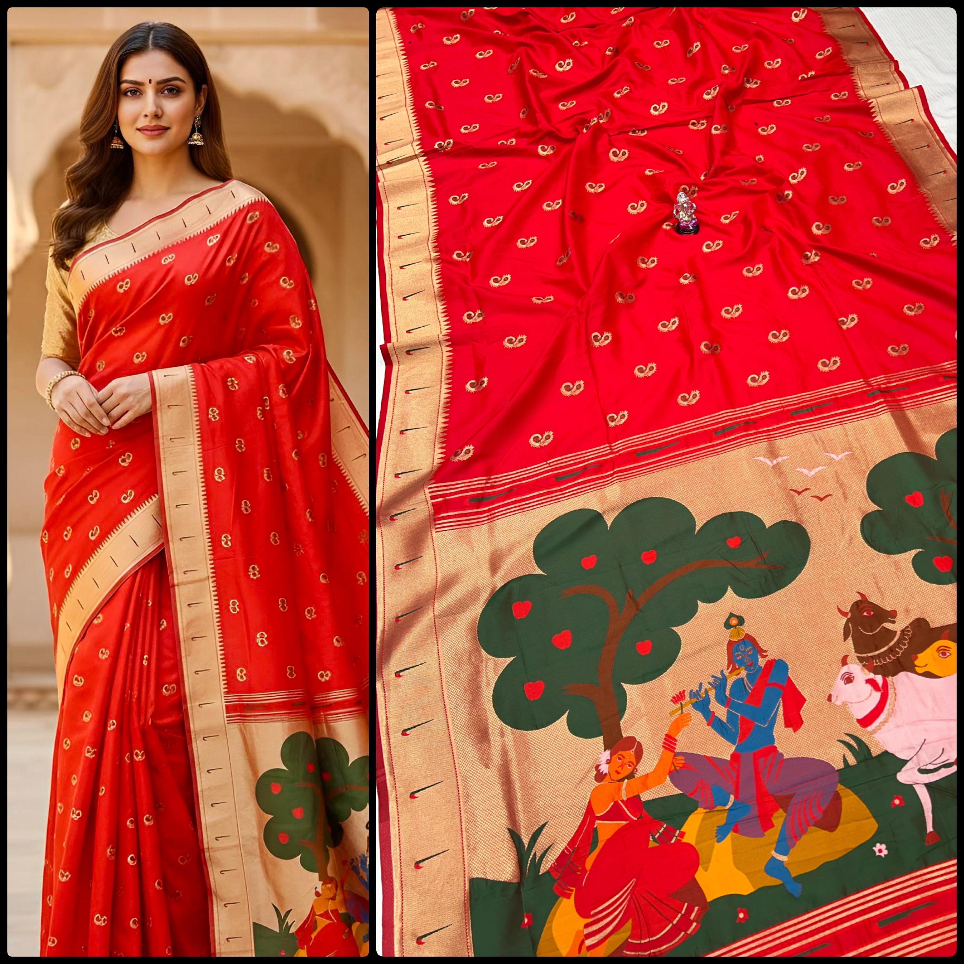 Radha Krishna Muniyaa Border Paithani Saree in premium soft silk with all-over Meena butti and running blouse piece