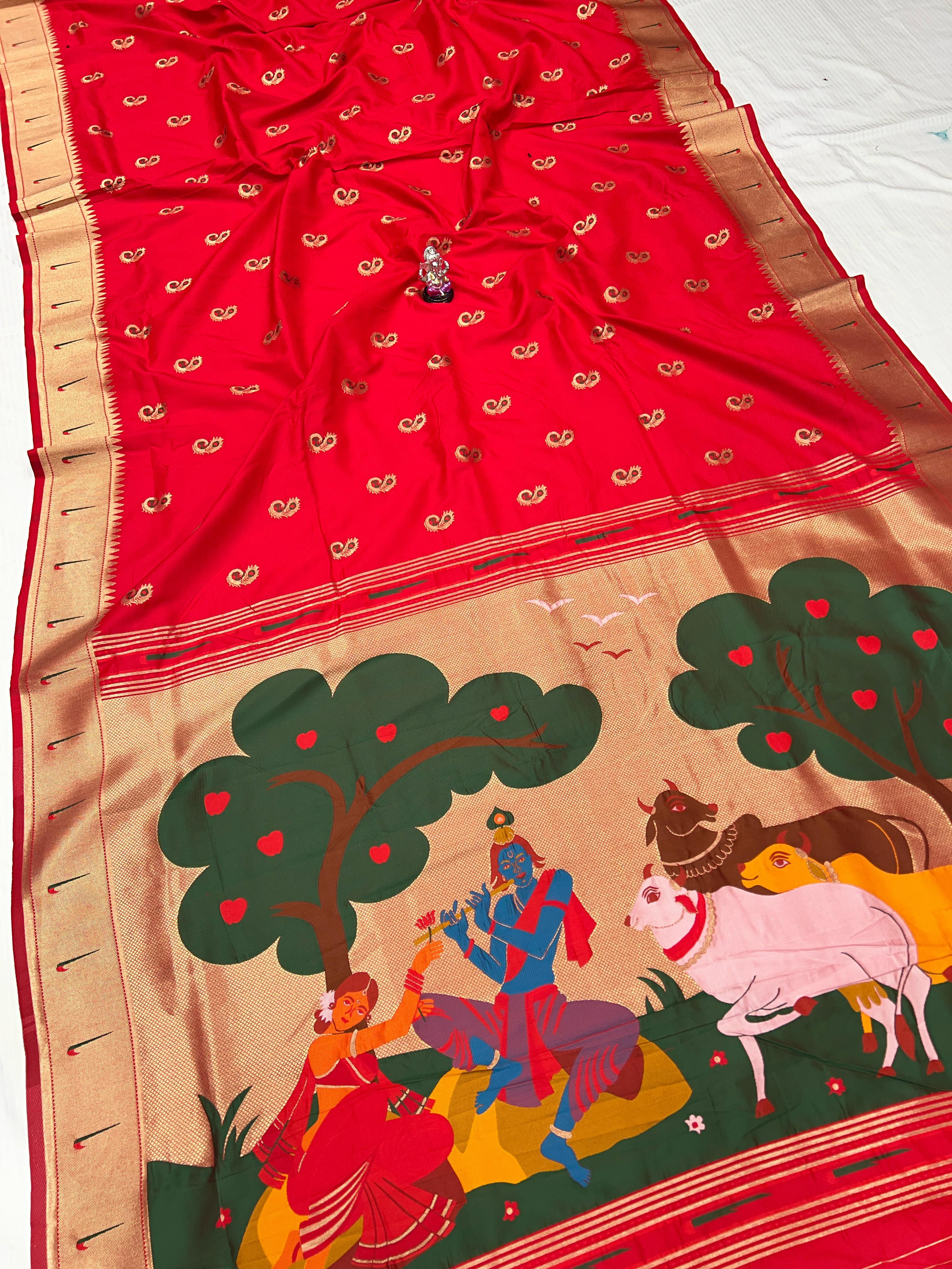 Radha Krishna Muniyaa Border Paithani Red Saree