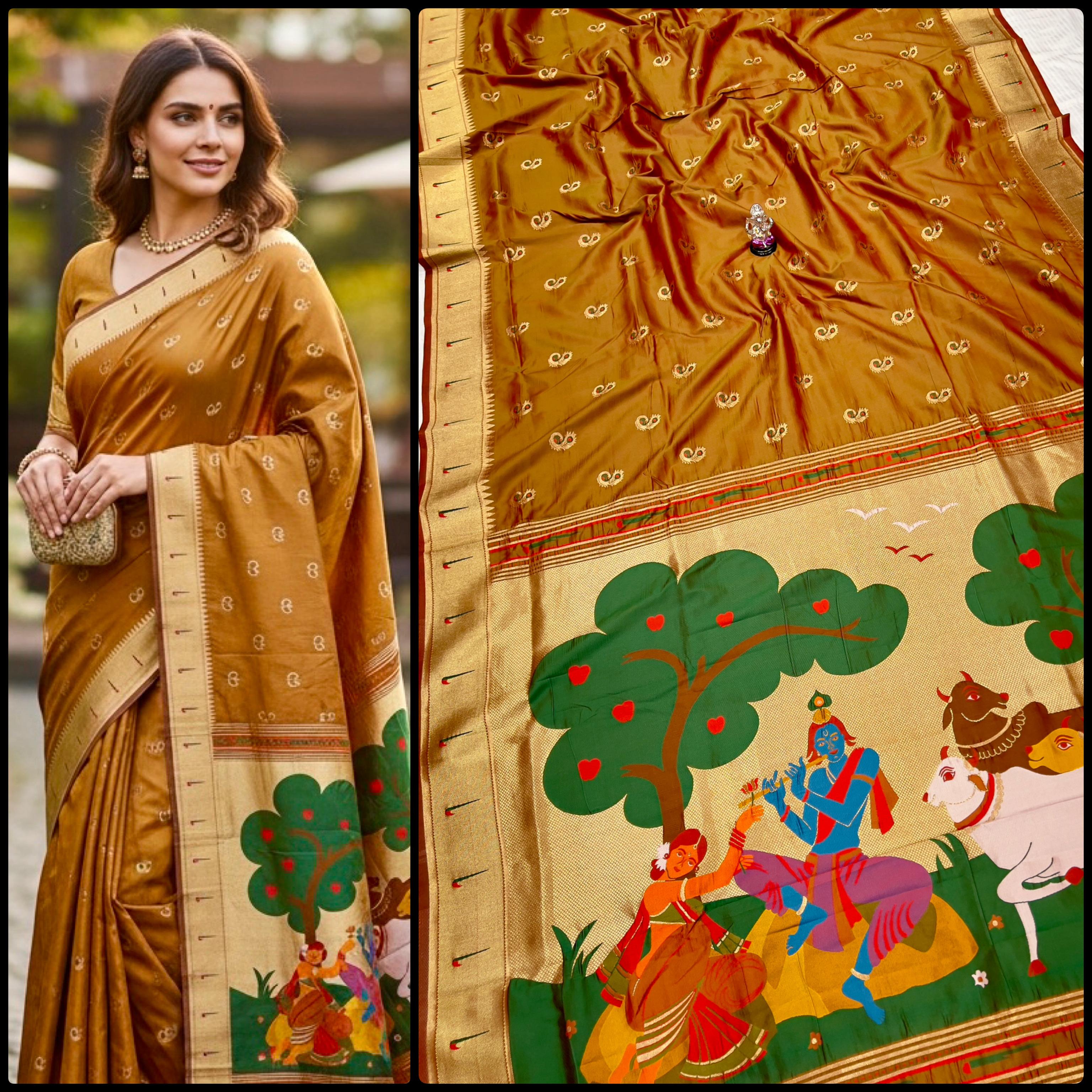 Radha Krishna Muniyaa Border Paithani Brown Saree