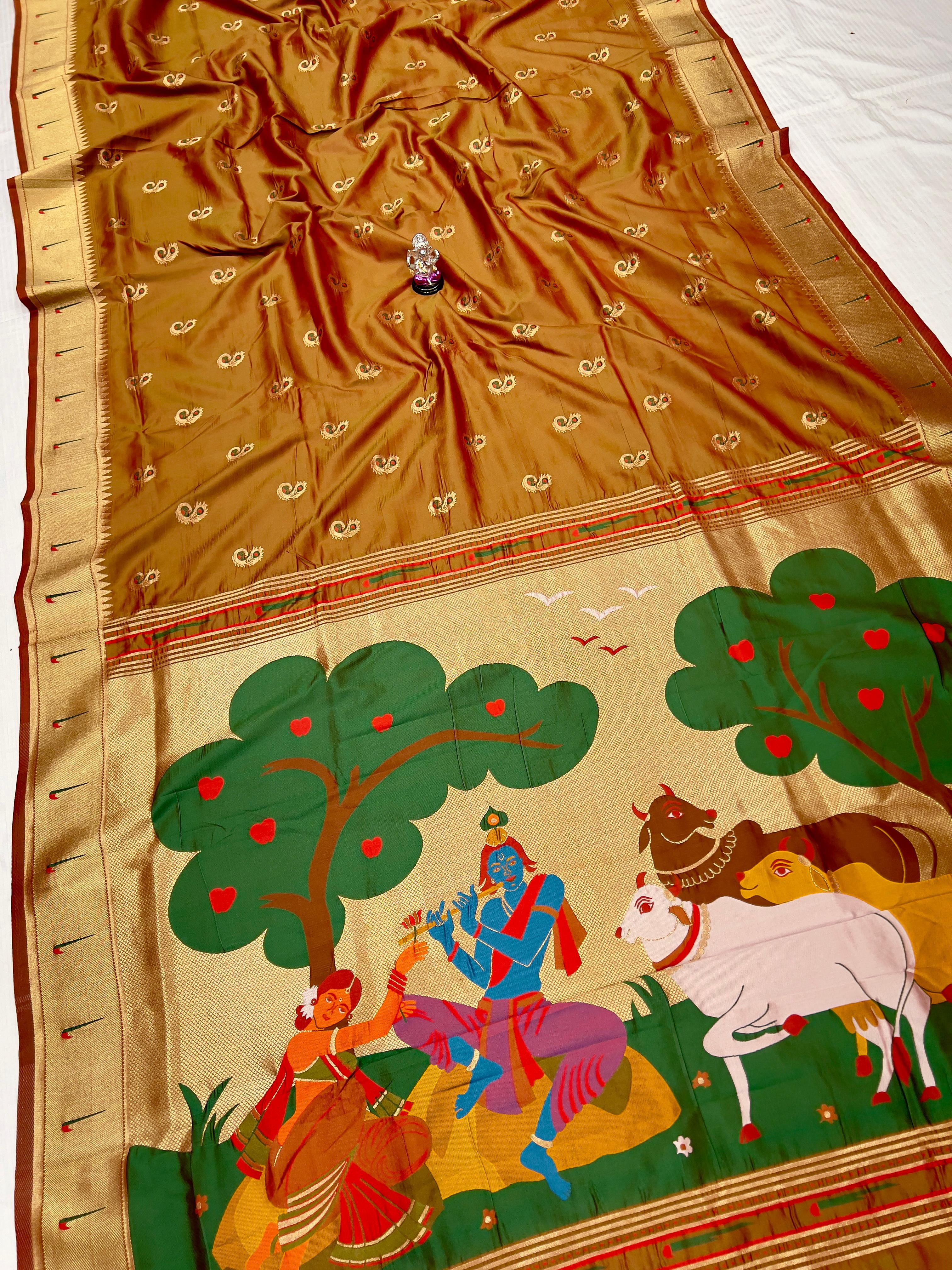 Radha Krishna Muniyaa Border Paithani Brown Saree
