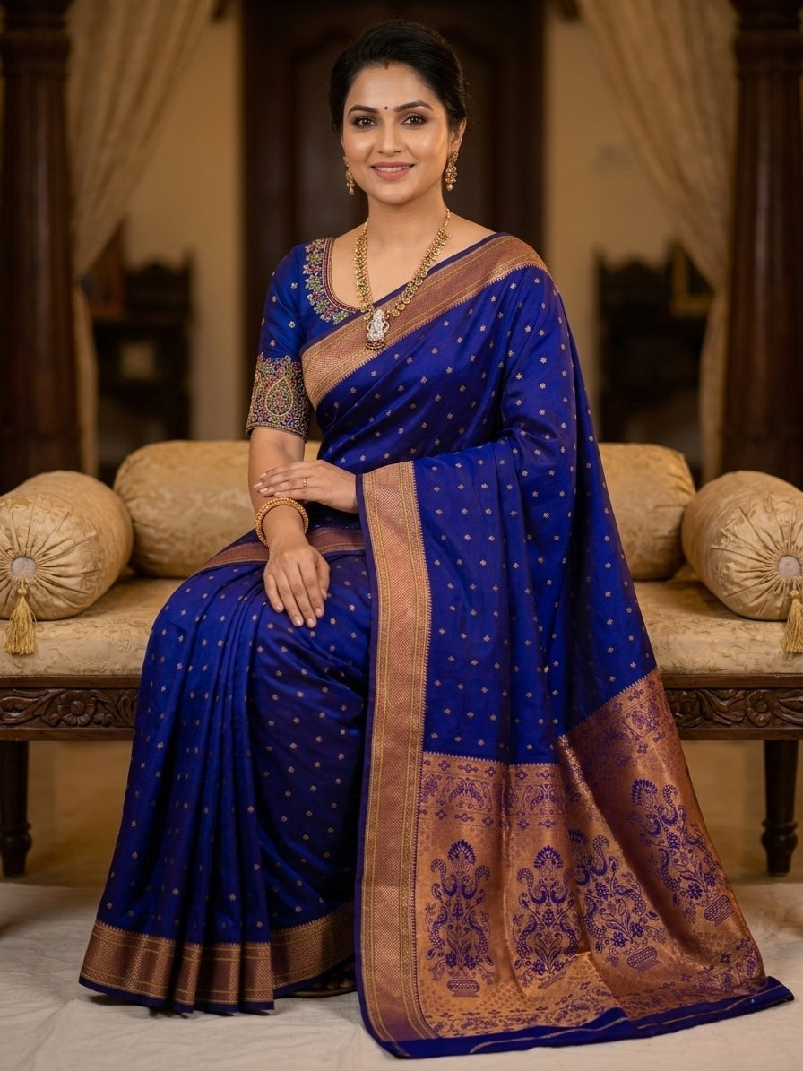 Kajal Kalanjali Paithani premium Tana silk saree with allover zari butti and rich zari pallu.