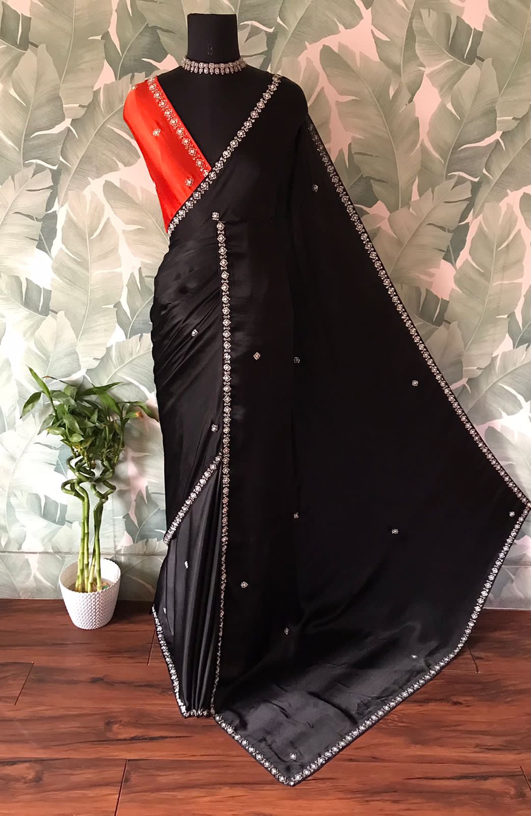 Showstopper Black Premium Pure Chinnon Satin Silk Saree with Intricate Pearl Handwork and Contrast Designer Blouse Piece.