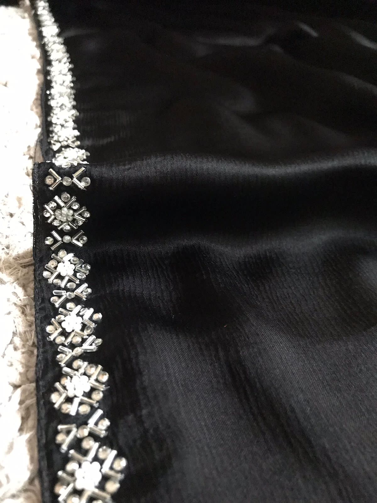 Showstopper Black Premium Pure Chinnon Satin Silk Saree Drapes Of Luxury Embellished With Intricate Pearl Handwork