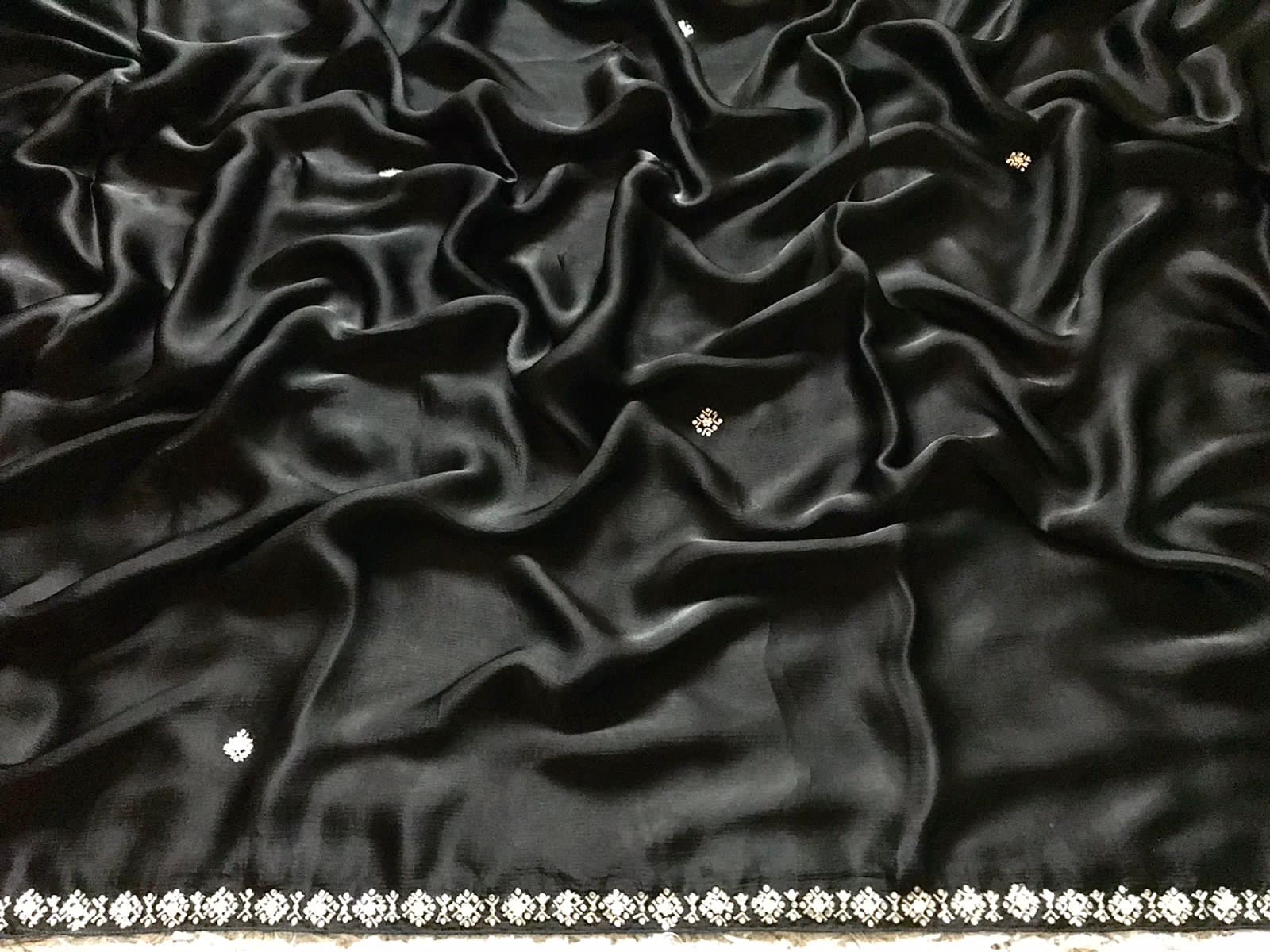 Showstopper Black Premium Pure Chinnon Satin Silk Saree Drapes Of Luxury Embellished With Intricate Pearl Handwork