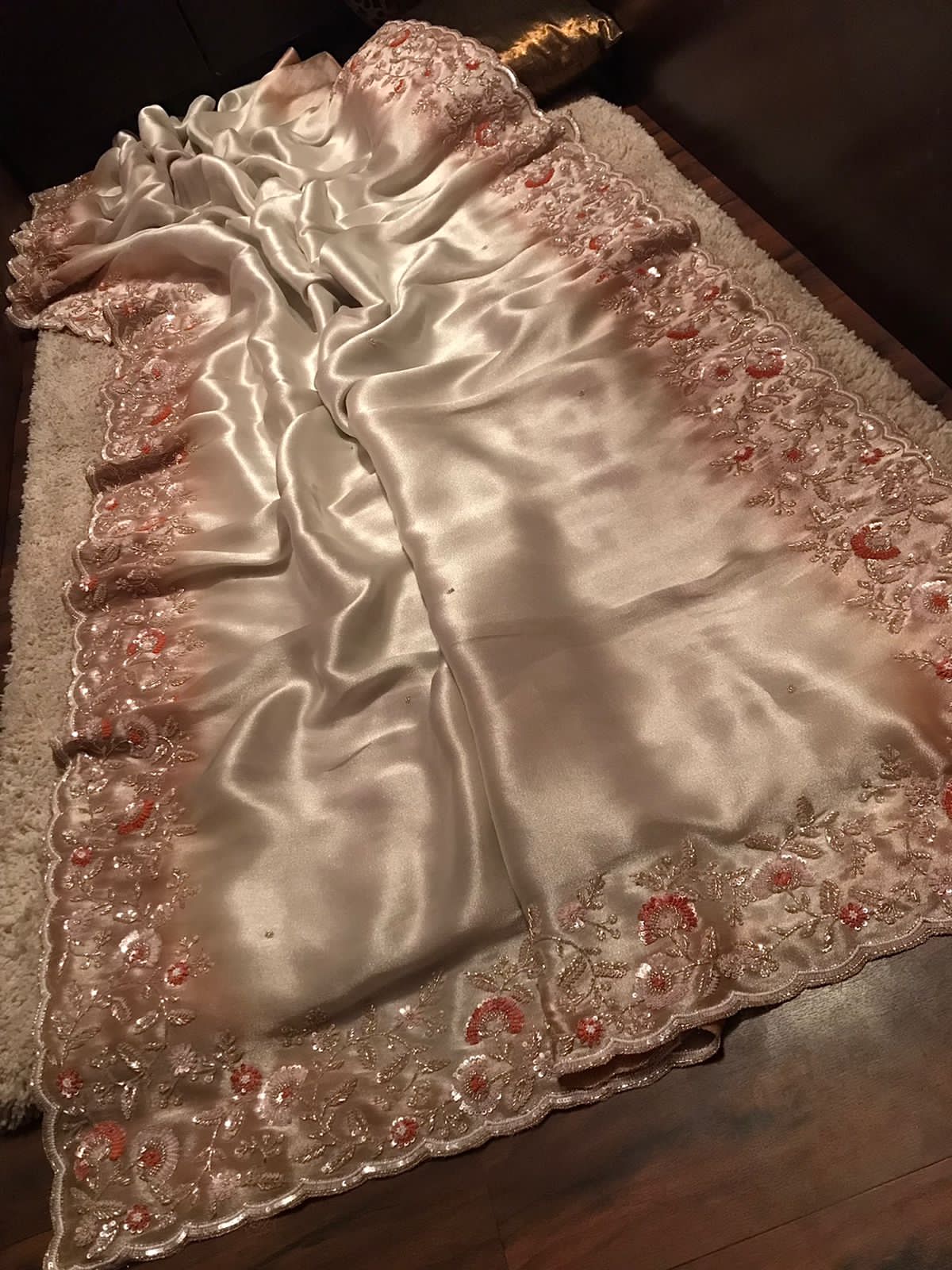 Sona Chandi Saree in ombré shaded pure Banarasi zari tissue silk with sequins, pearl, cut daana handwork, and contrast crepe silk blouse.