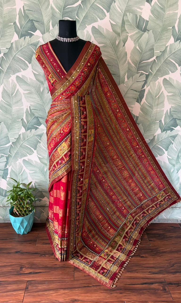 Kriti Sanon inspired premium Banarasi zari tissue silk saree with zari weaving, sequins, foil mirror handwork and running blouse.