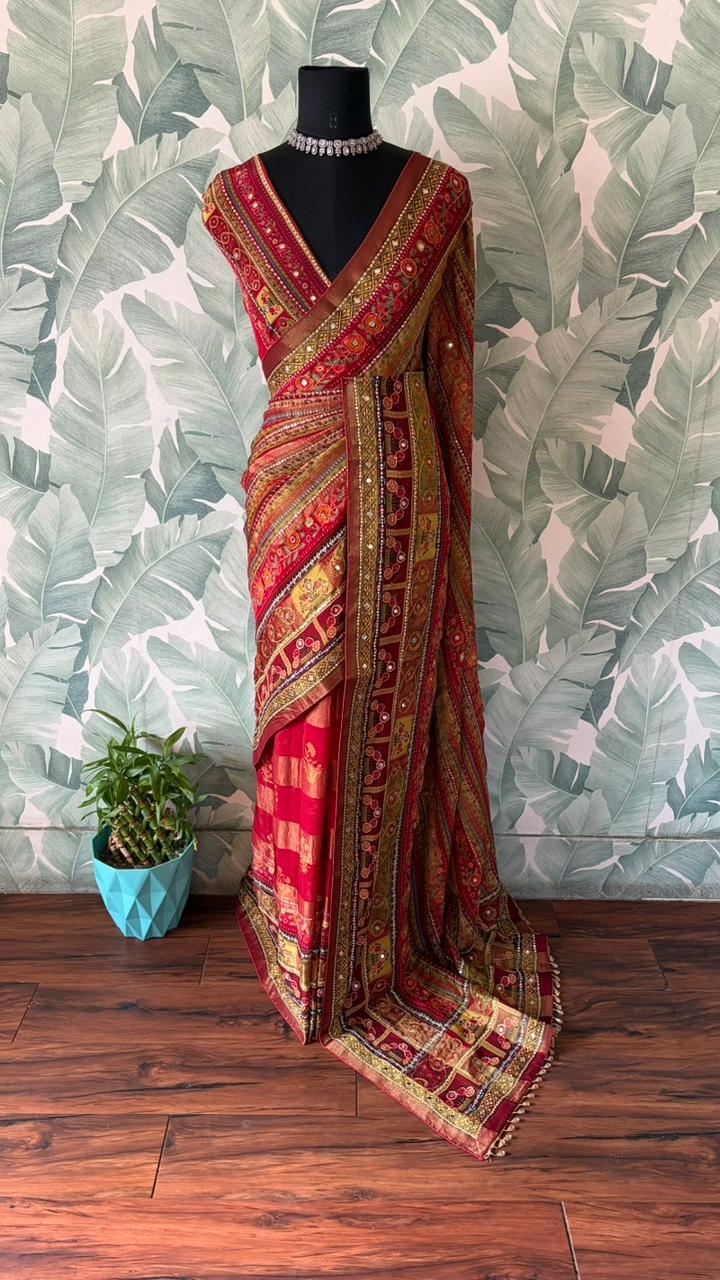 Kriti Sanon Inspired Premium Pure Banarasi Zari Tissue Silk saree with zari work embellished with sequins foil mirror handwork