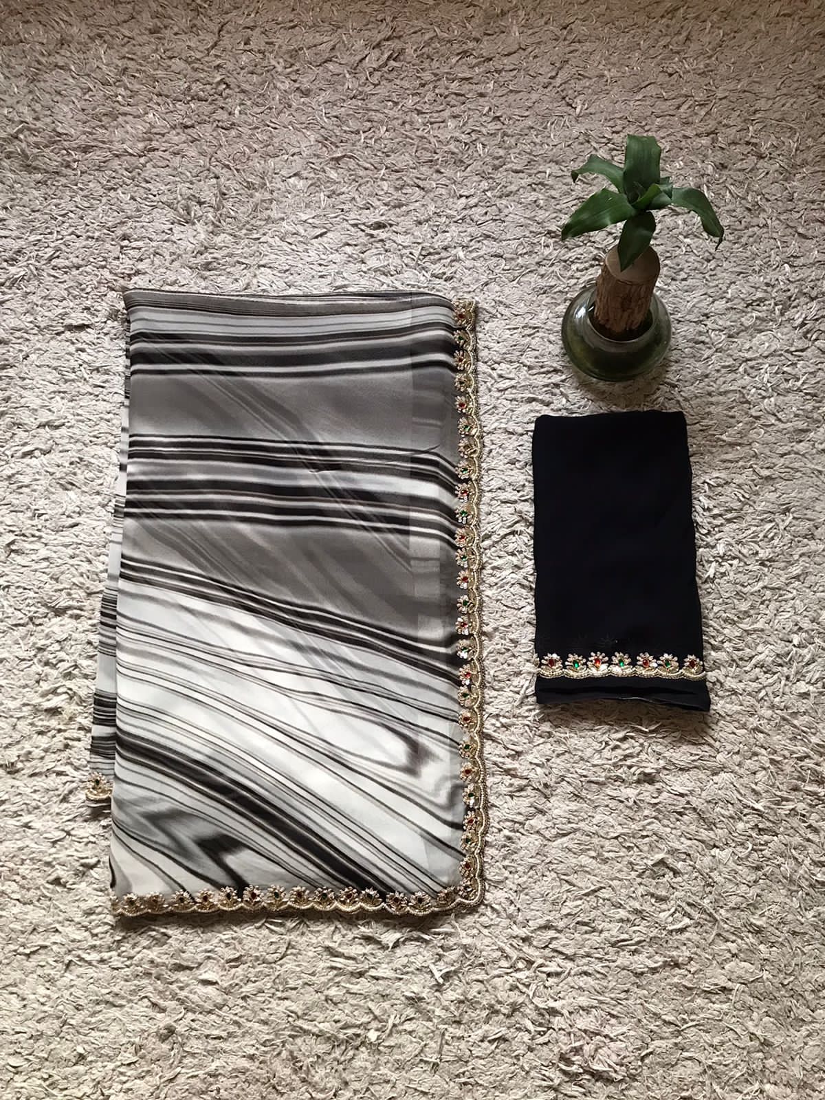 Black & White Premium Pure Georgette Silk saree with exclusive contemporary digital print embellished with original mirror sequins pearl cut daana handwork