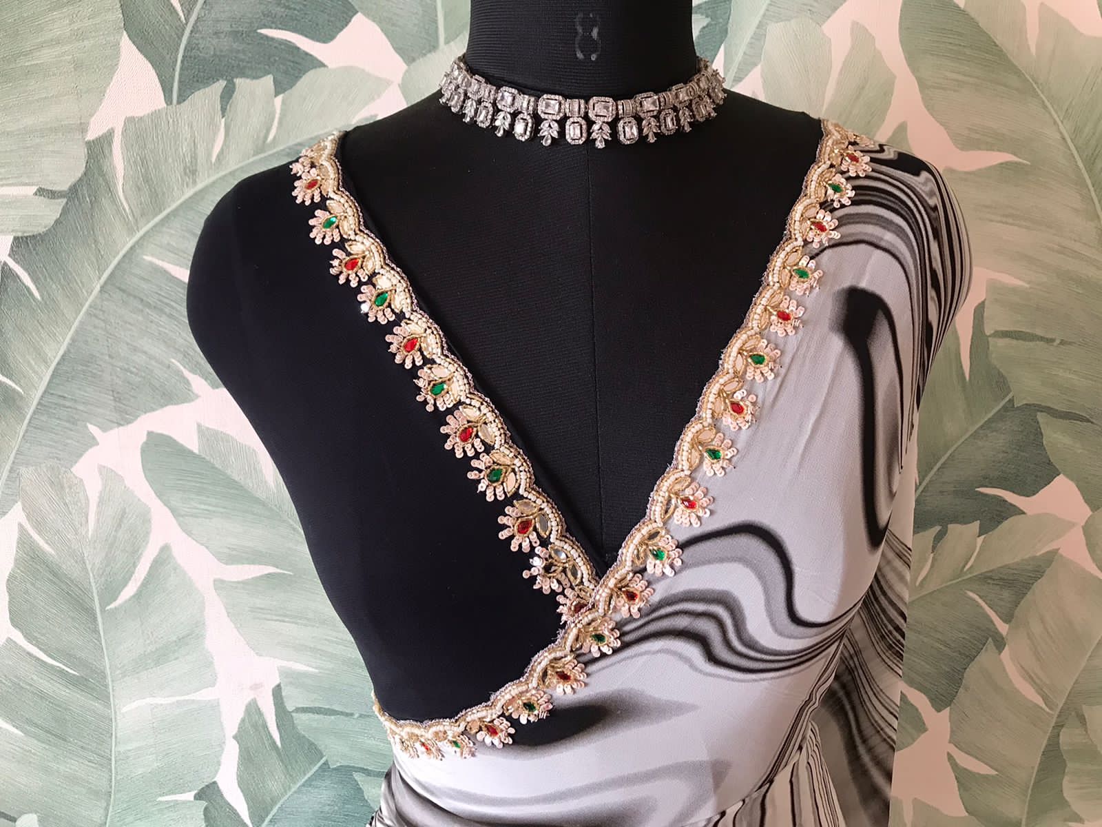 Black & White Premium Pure Georgette Silk saree with exclusive contemporary digital print embellished with original mirror sequins pearl cut daana handwork