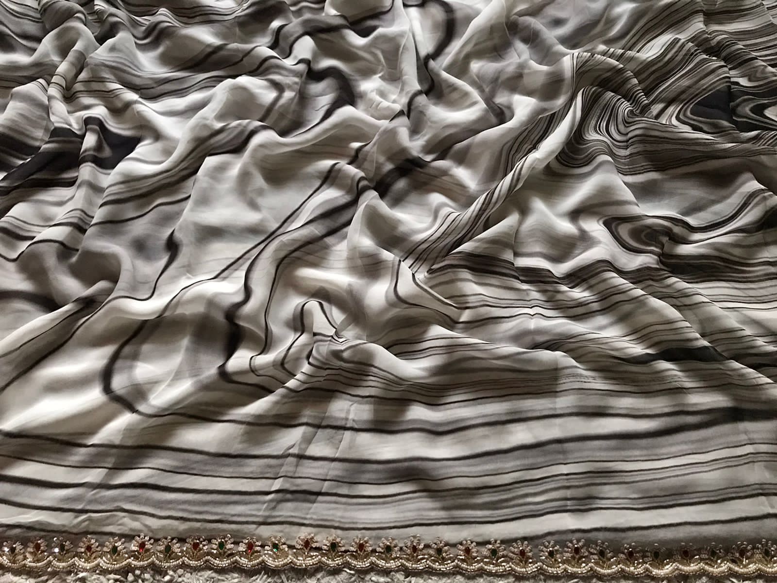 Black & White Premium Pure Georgette Silk saree with exclusive contemporary digital print embellished with original mirror sequins pearl cut daana handwork