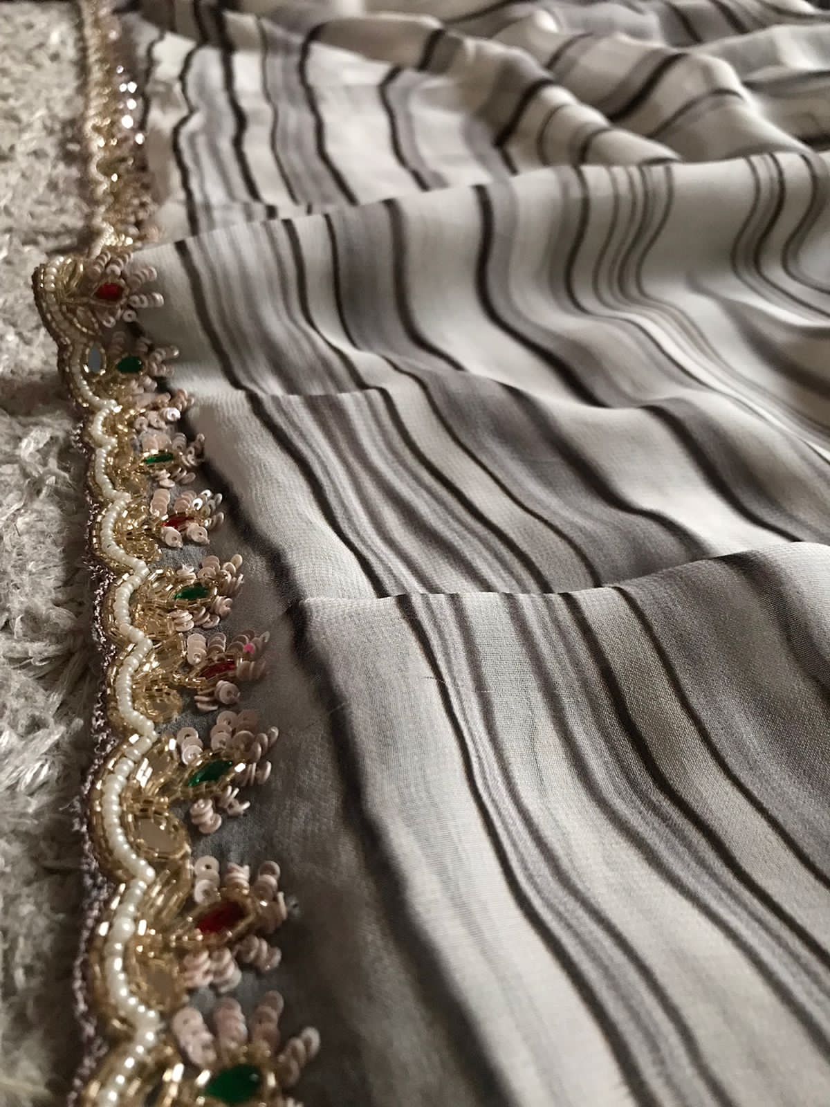 Black & White Premium Pure Georgette Silk saree with exclusive contemporary digital print embellished with original mirror sequins pearl cut daana handwork