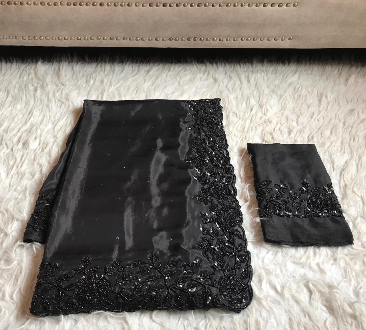 Black Premium Pure Satin Organza Silk Saree with Pearl Sequins Handwork and Heavy Designer Blouse Piece.