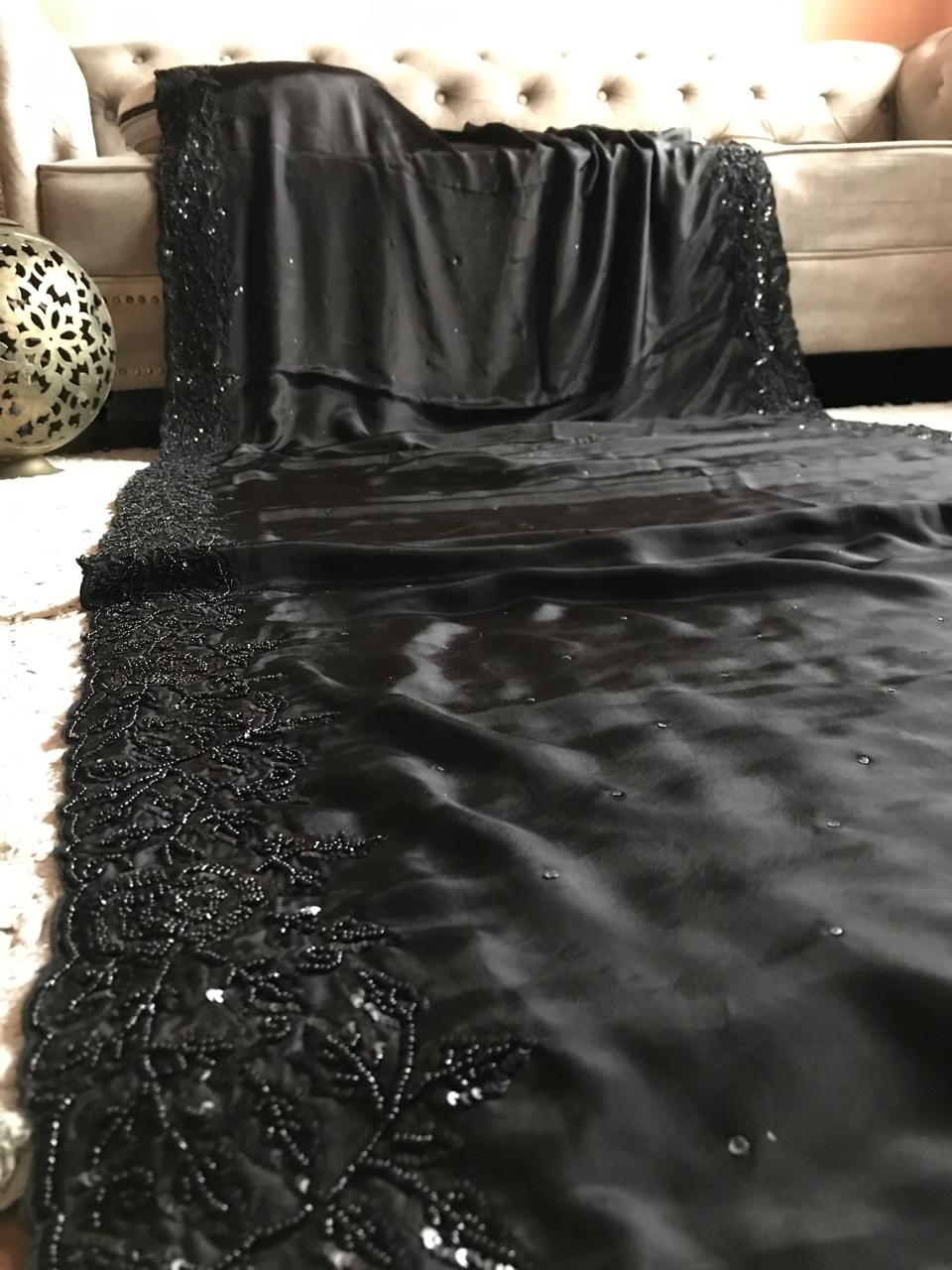 Black Premium Pure Satin Organza Silk Saree with Pearl Sequins Handwork and Heavy Designer Blouse Piece.