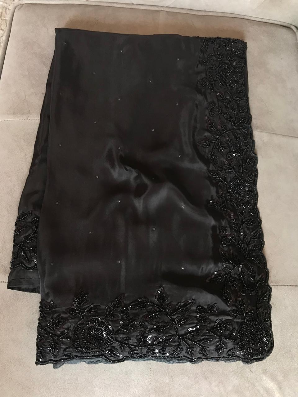 Black Premium Pure Satin Organza Silk Saree with Pearl Sequins Handwork and Heavy Designer Blouse Piece.