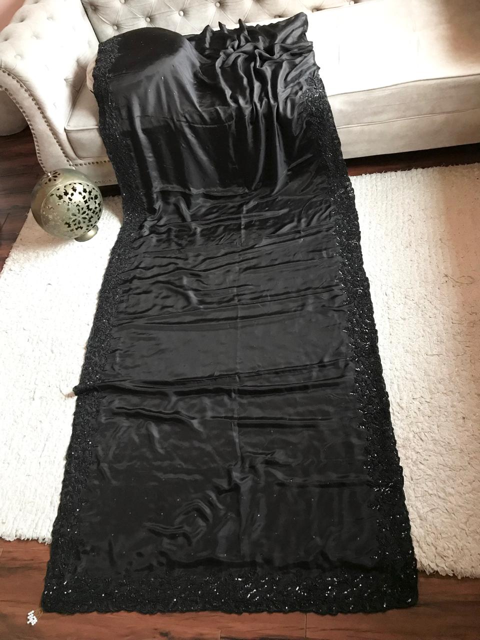 Black Premium Pure Satin Organza Silk Saree with Pearl Sequins Handwork and Heavy Designer Blouse Piece.