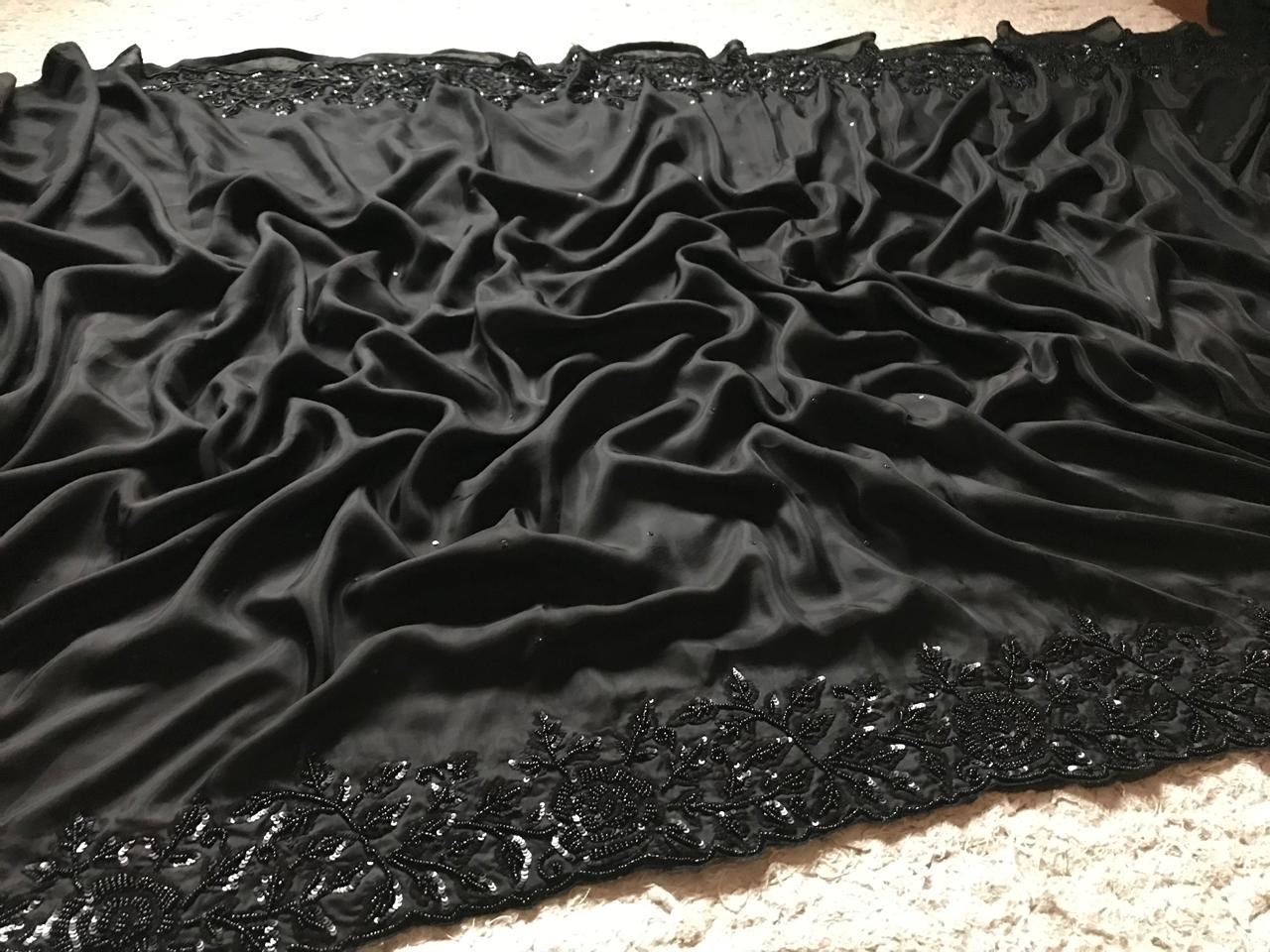 Black Premium Pure Satin Organza Silk Saree with Pearl Sequins Handwork and Heavy Designer Blouse Piece.