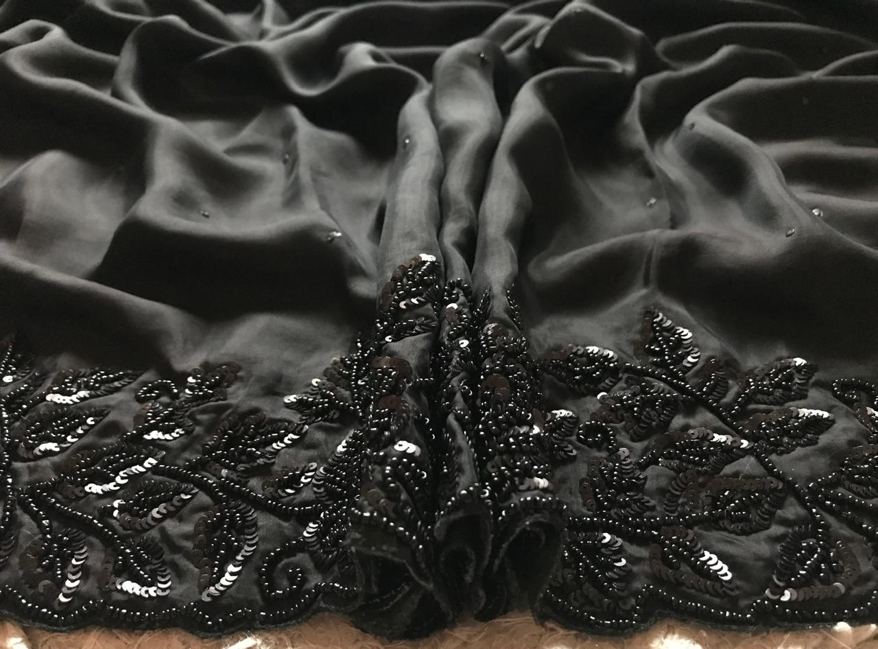 Black Premium Pure Satin Organza Silk drapes of luxury embellished with pearl sequins handwork