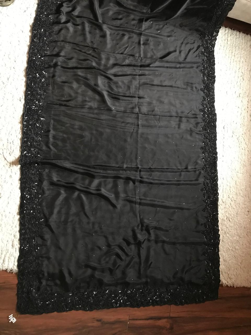 Black Premium Pure Satin Organza Silk drapes of luxury embellished with pearl sequins handwork