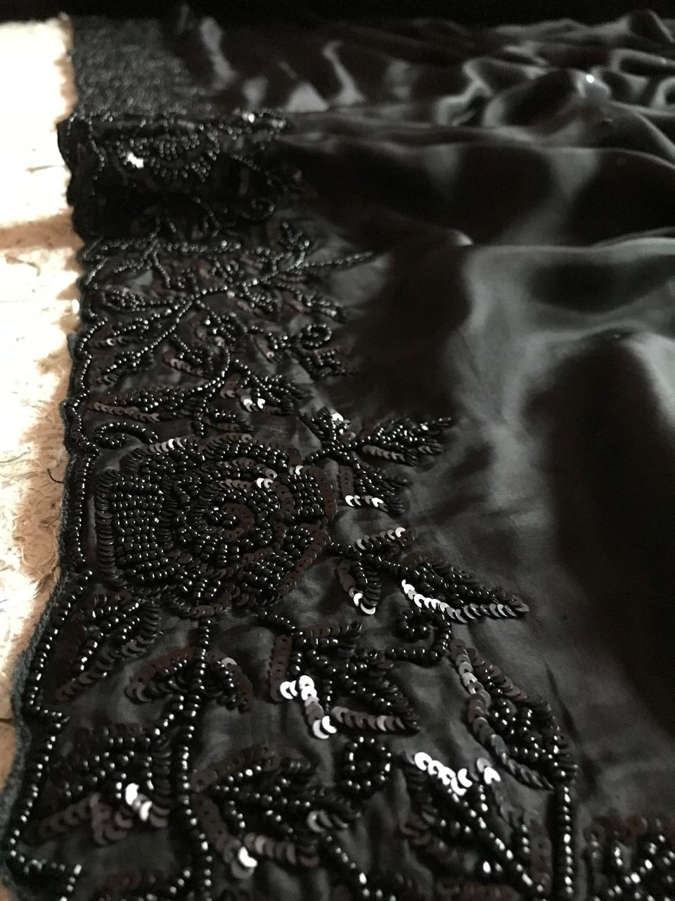 Black Premium Pure Satin Organza Silk drapes of luxury embellished with pearl sequins handwork