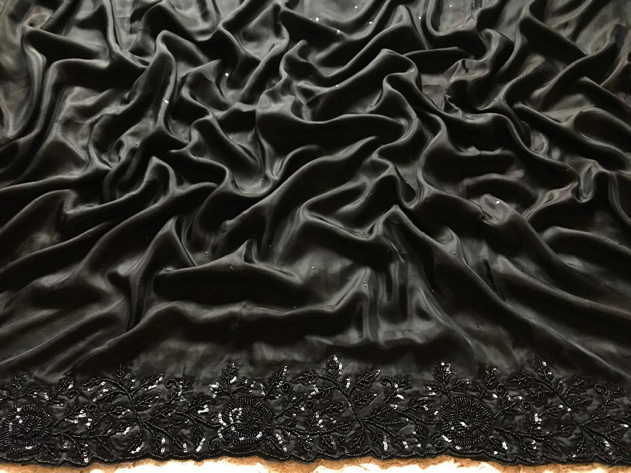 Black Premium Pure Satin Organza Silk drapes of luxury embellished with pearl sequins handwork
