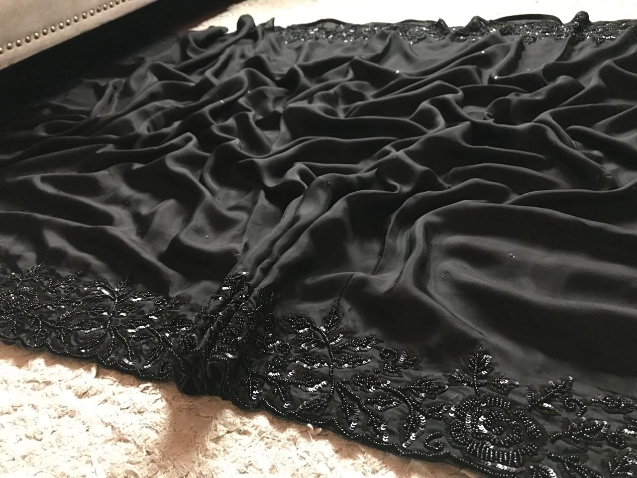 Black Premium Pure Satin Organza Silk drapes of luxury embellished with pearl sequins handwork