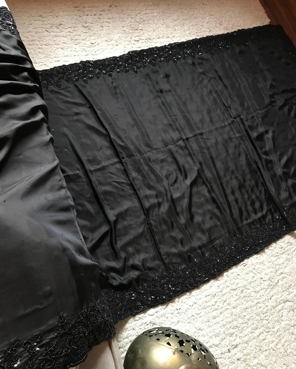 Black Premium Pure Satin Organza Silk drapes of luxury embellished with pearl sequins handwork