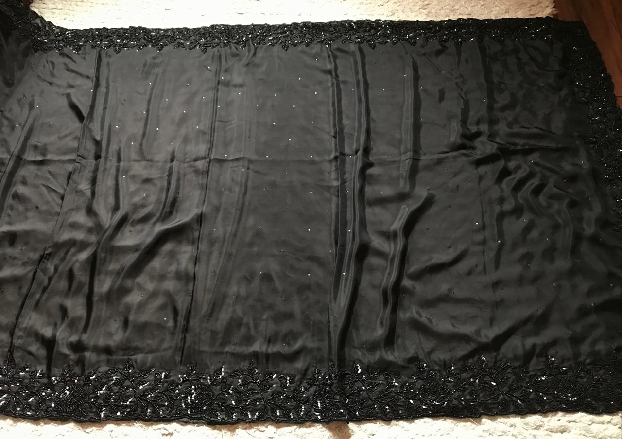 Black Premium Pure Satin Organza Silk drapes of luxury embellished with pearl sequins handwork