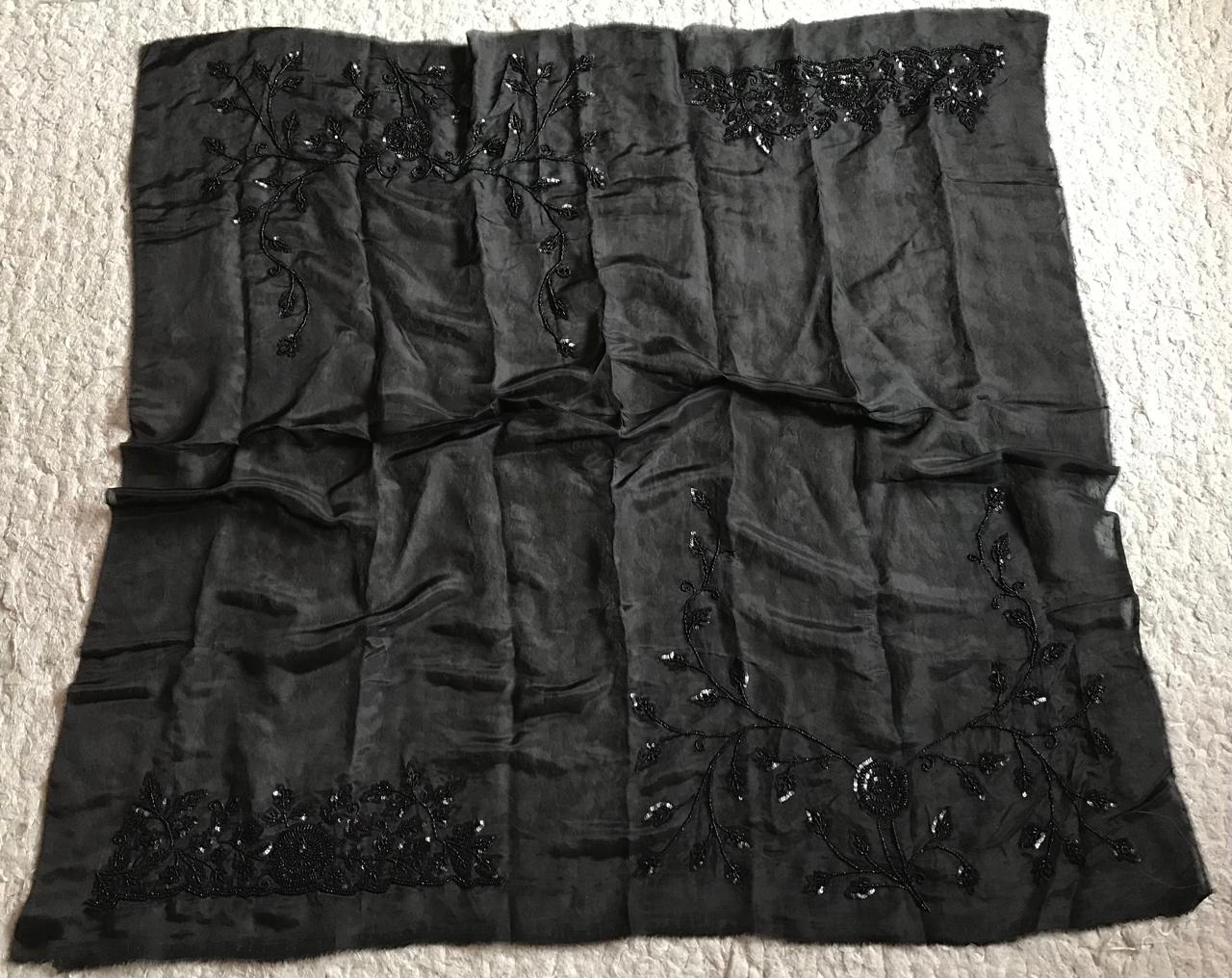 Black Premium Pure Satin Organza Silk drapes of luxury embellished with pearl sequins handwork