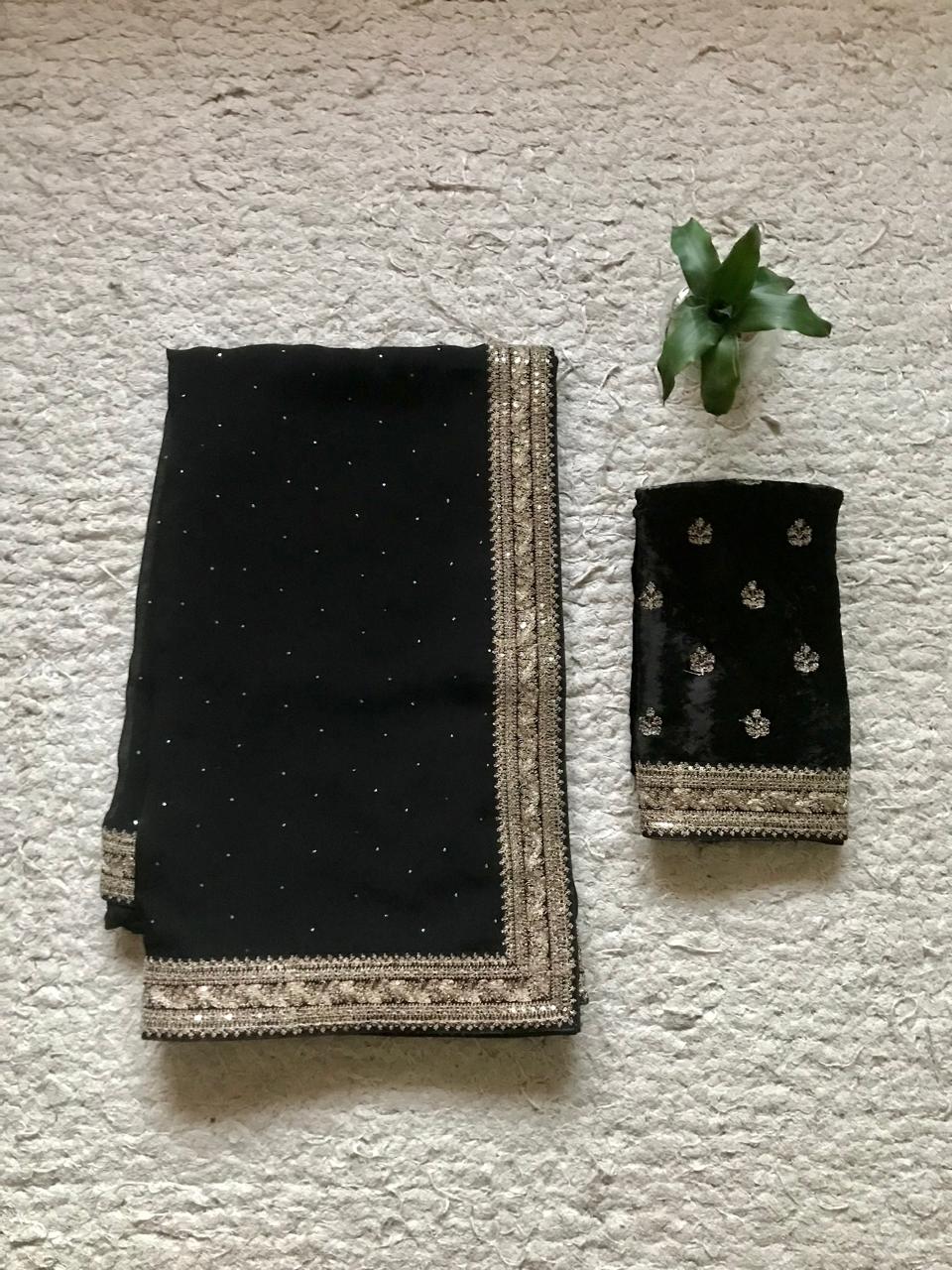 Sabyasachi Inspired Exclusive Black Premium Pure Organza Silk Saree Embellished With Luxurious Mukaish Handwork, Embellished With Classic Sabyasachi Zari Lace Border & Butter Soft Velvet BP