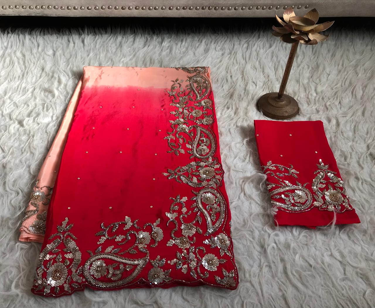 Peach & Red Shaded Premium Pure Crepe Silk Saree with Rich Zardozi Handwork Border