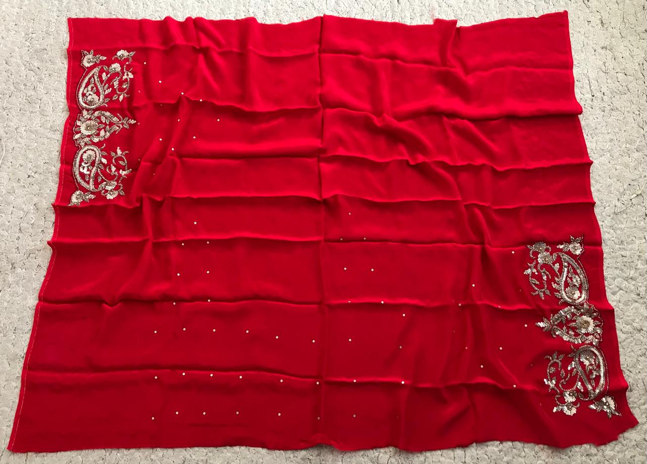 Peach & Red Shaded Premium Pure Crepe Silk Saree Luxury Zardozi Handwork