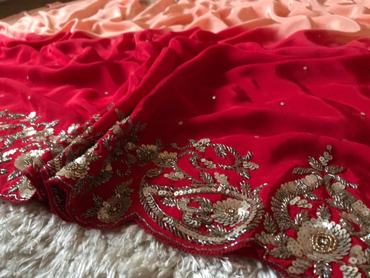 Peach & Red Shaded Premium Pure Crepe Silk Saree Luxury Zardozi Handwork