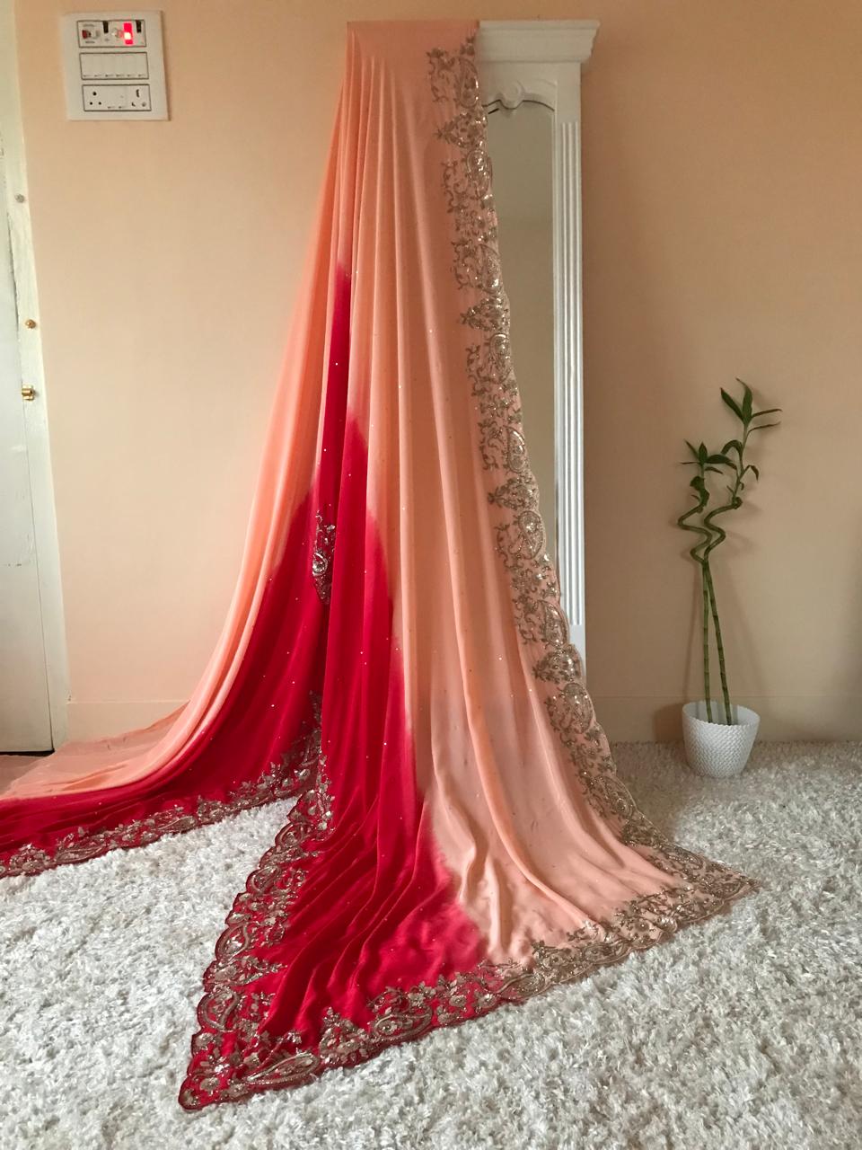 Peach & Red Shaded Premium Pure Crepe Silk Saree with Rich Zardozi Handwork Border