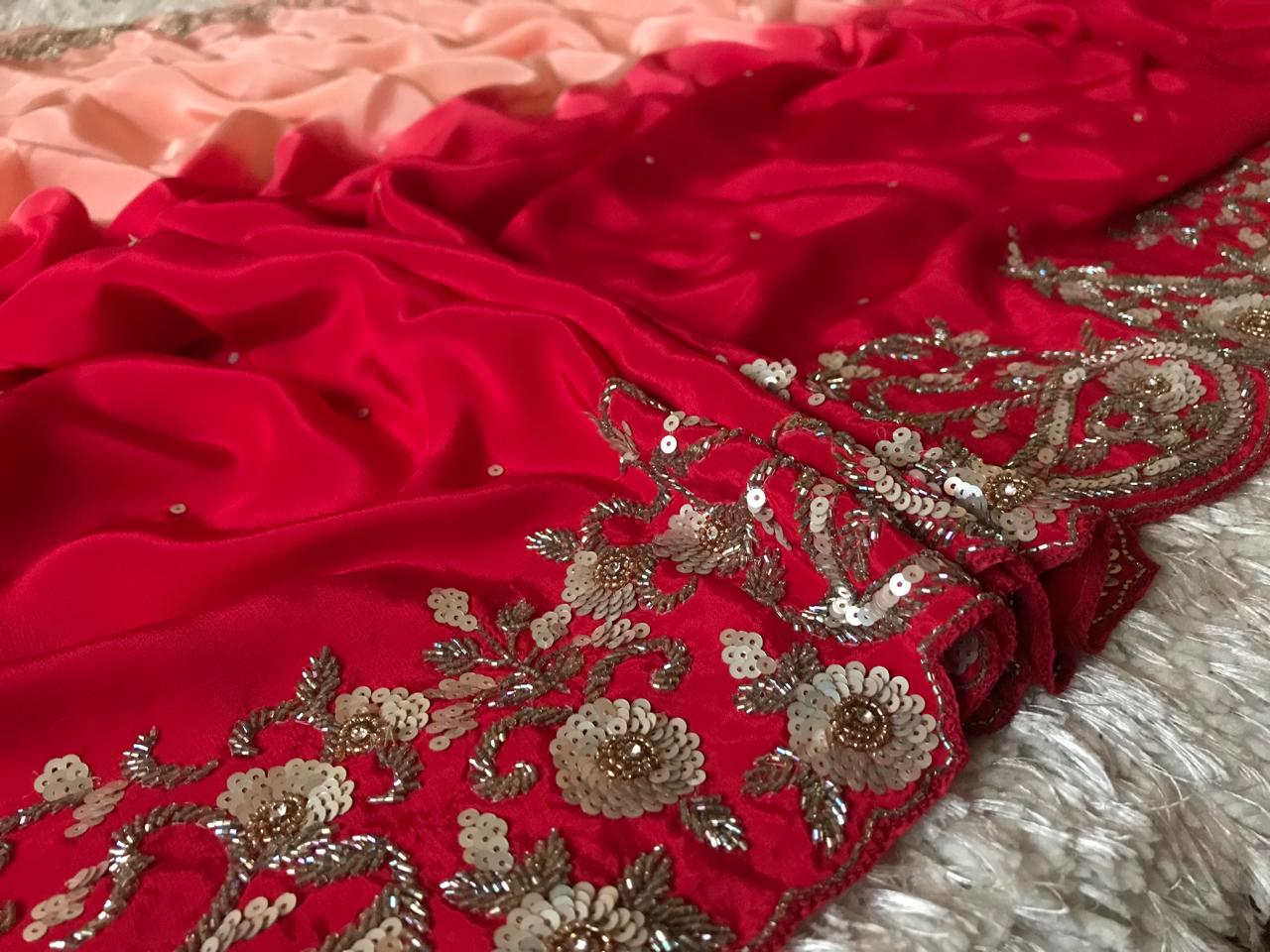 Peach & Red Shaded Premium Pure Crepe Silk Saree Luxury Zardozi Handwork
