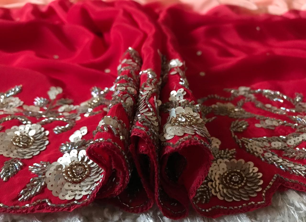 Peach & Red Shaded Premium Pure Crepe Silk Saree Luxury Zardozi Handwork