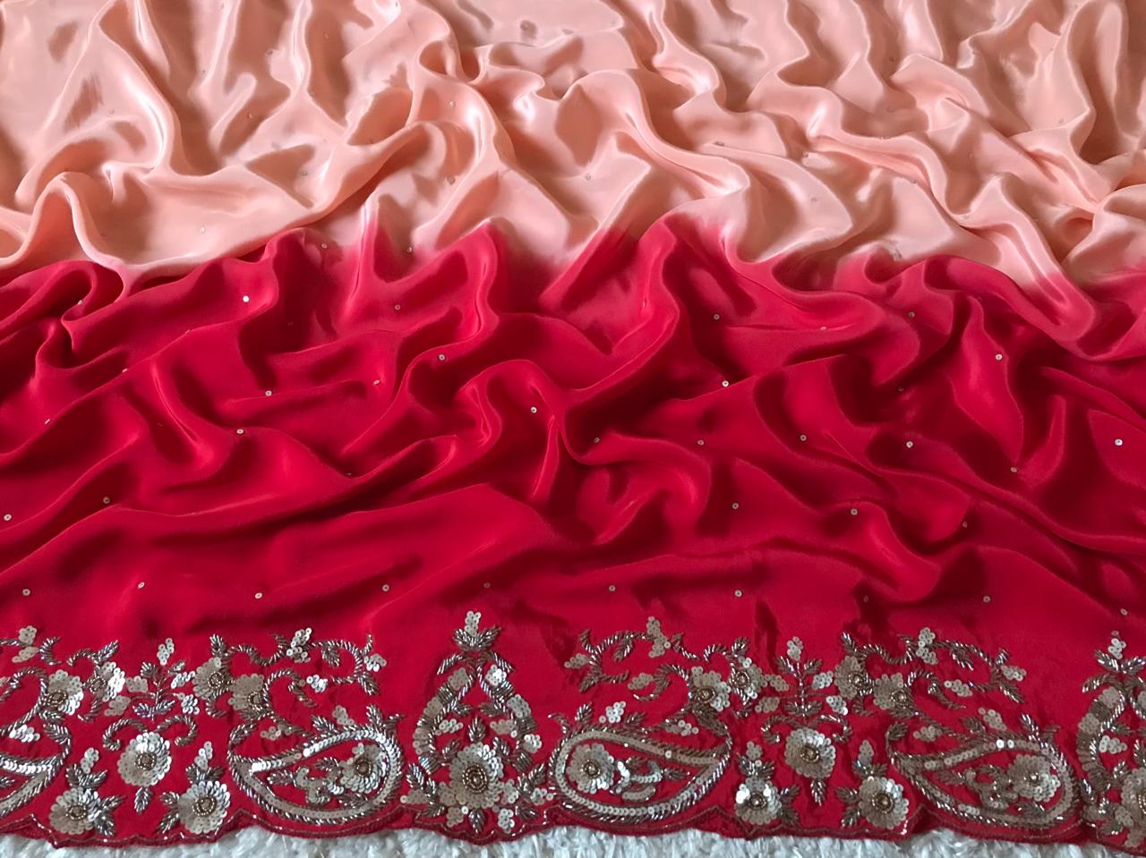 Peach & Red Shaded Premium Pure Crepe Silk Saree with Rich Zardozi Handwork Border