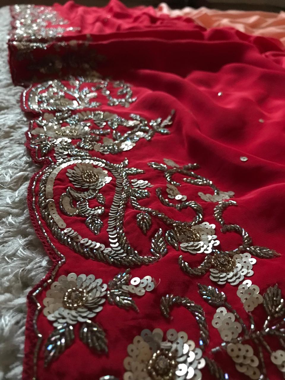 Peach & Red Shaded Premium Pure Crepe Silk Saree Luxury Zardozi Handwork