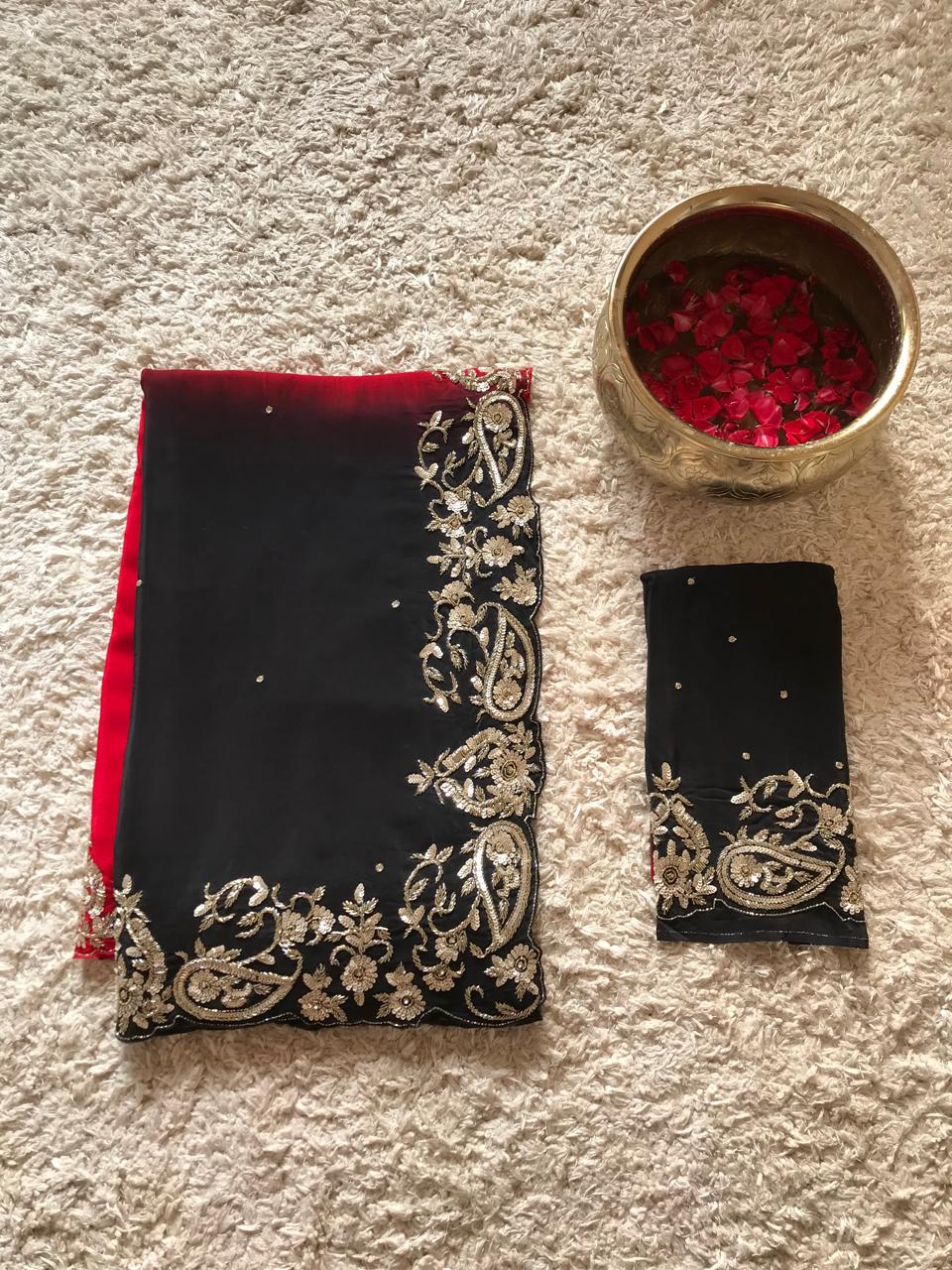 Black & Red Shaded Premium Pure Crepe Silk Saree with Rich Zardozi Handwork Border